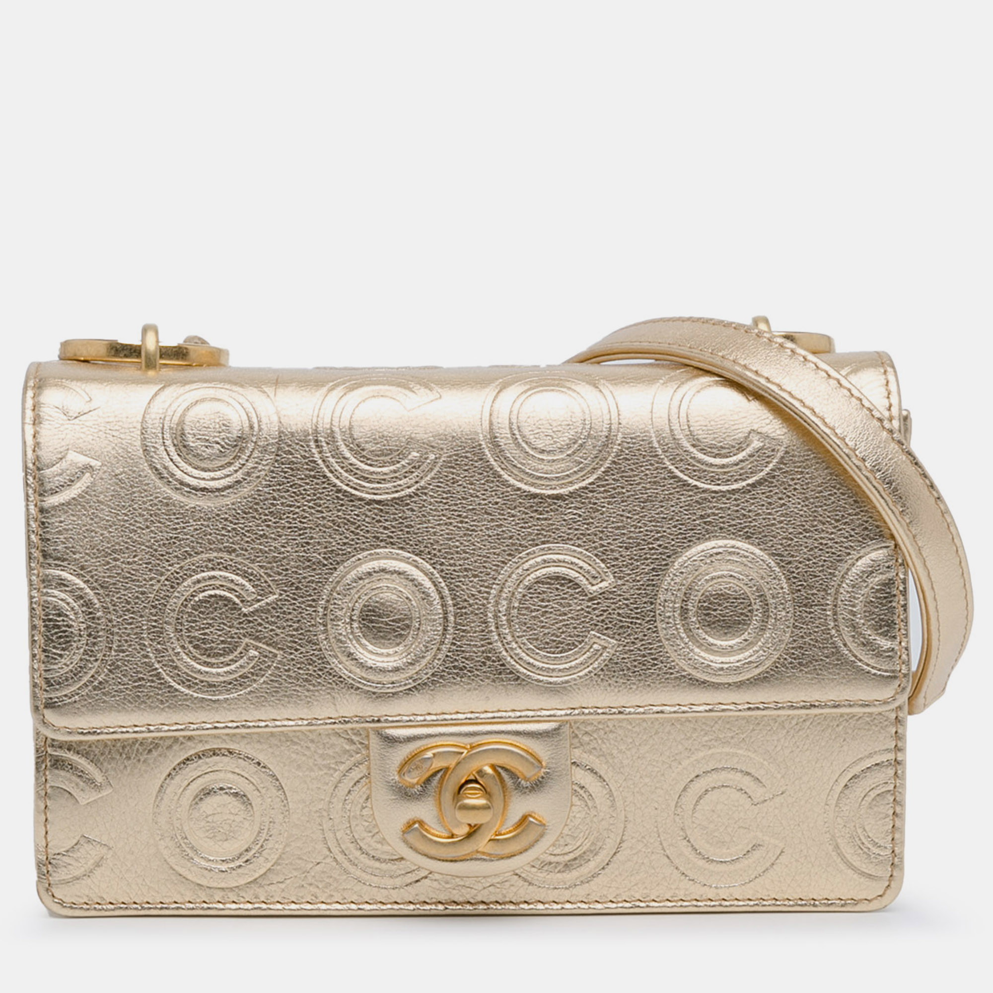 

Chanel Metallic Gold Calfskin Leather Embossed Circle C Flap Bag