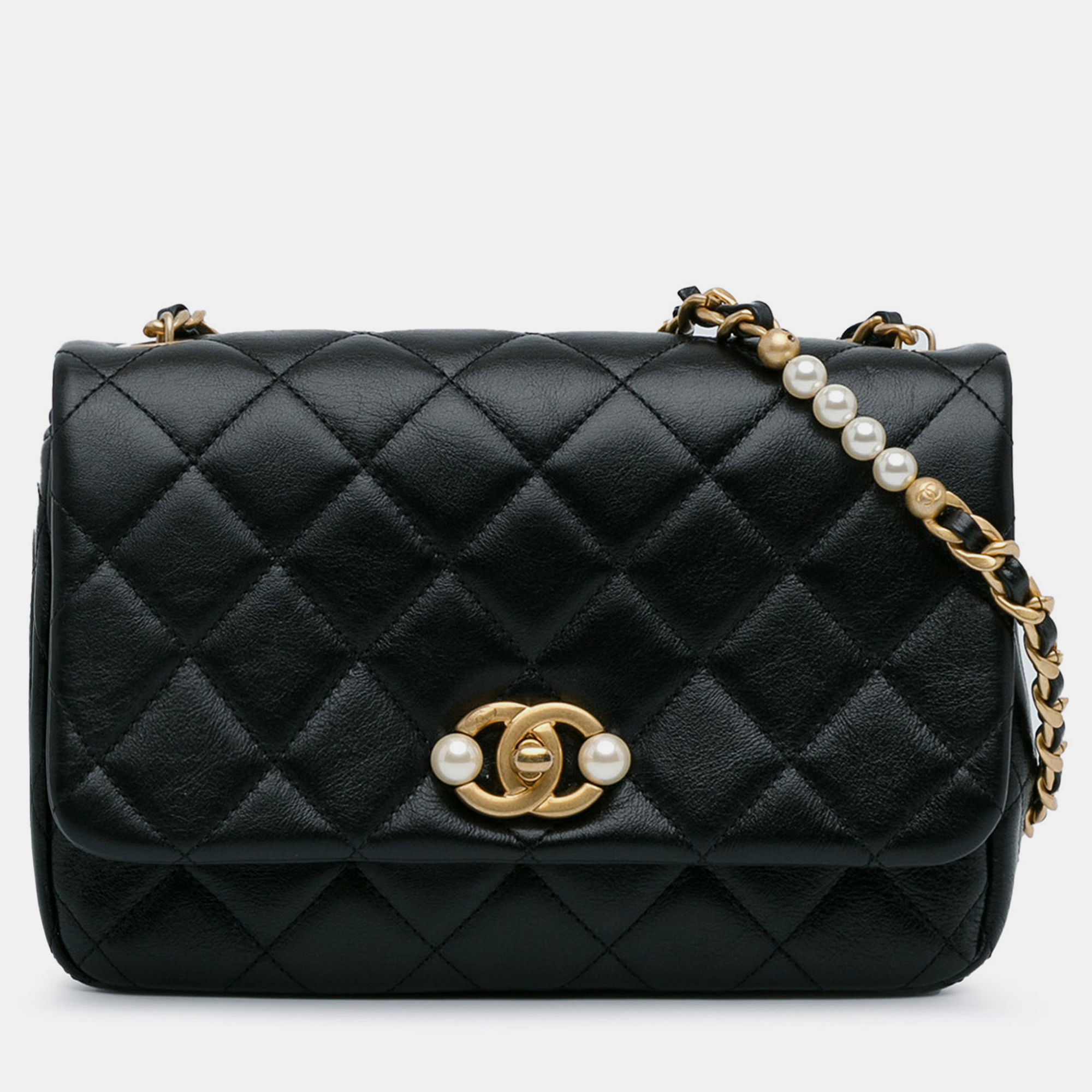 

Chanel Small CC Glazed Calfskin Imitation Pearls Flap Bag, Black