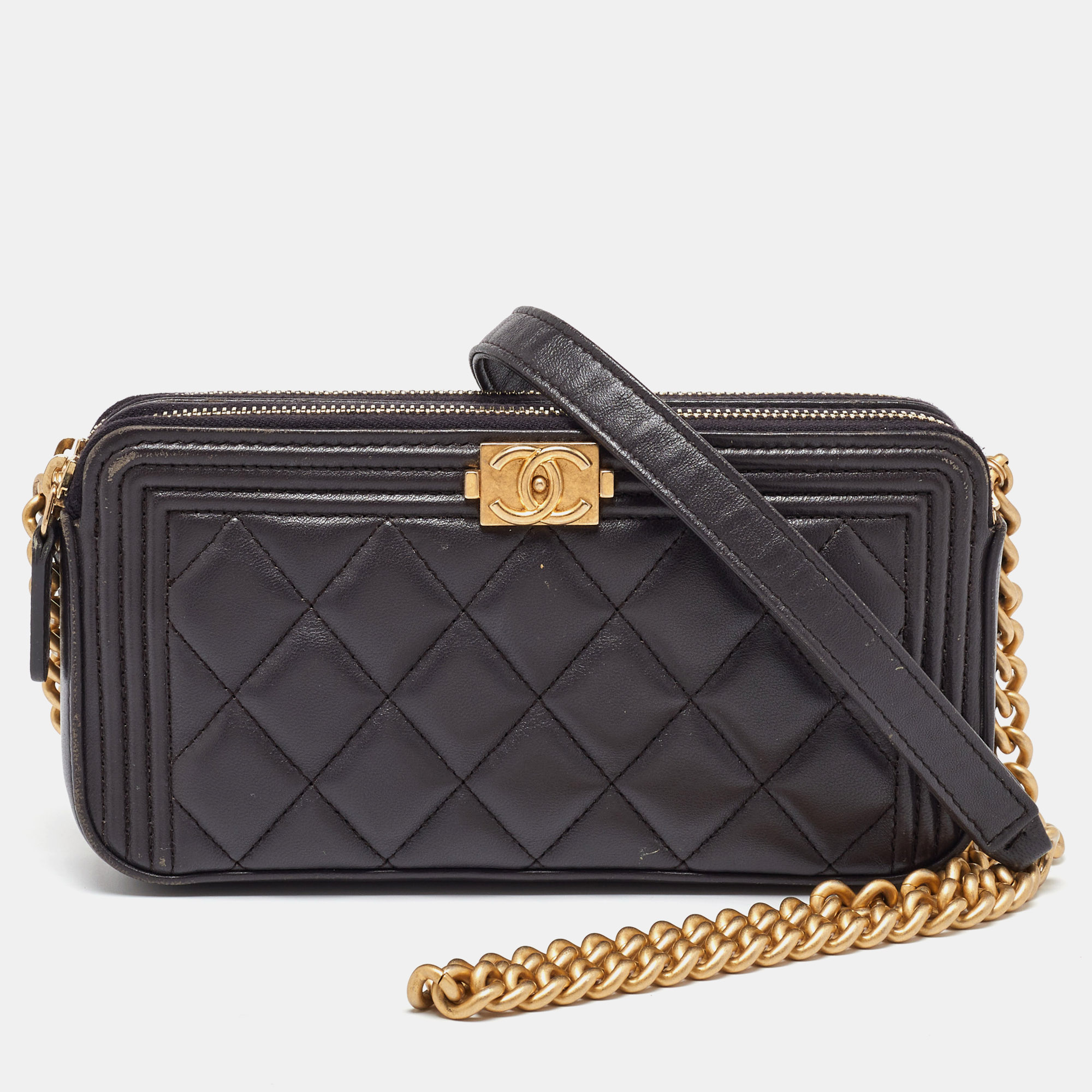 

Chanel Grey Quilted Leather Boy Double Zip Chain Clutch