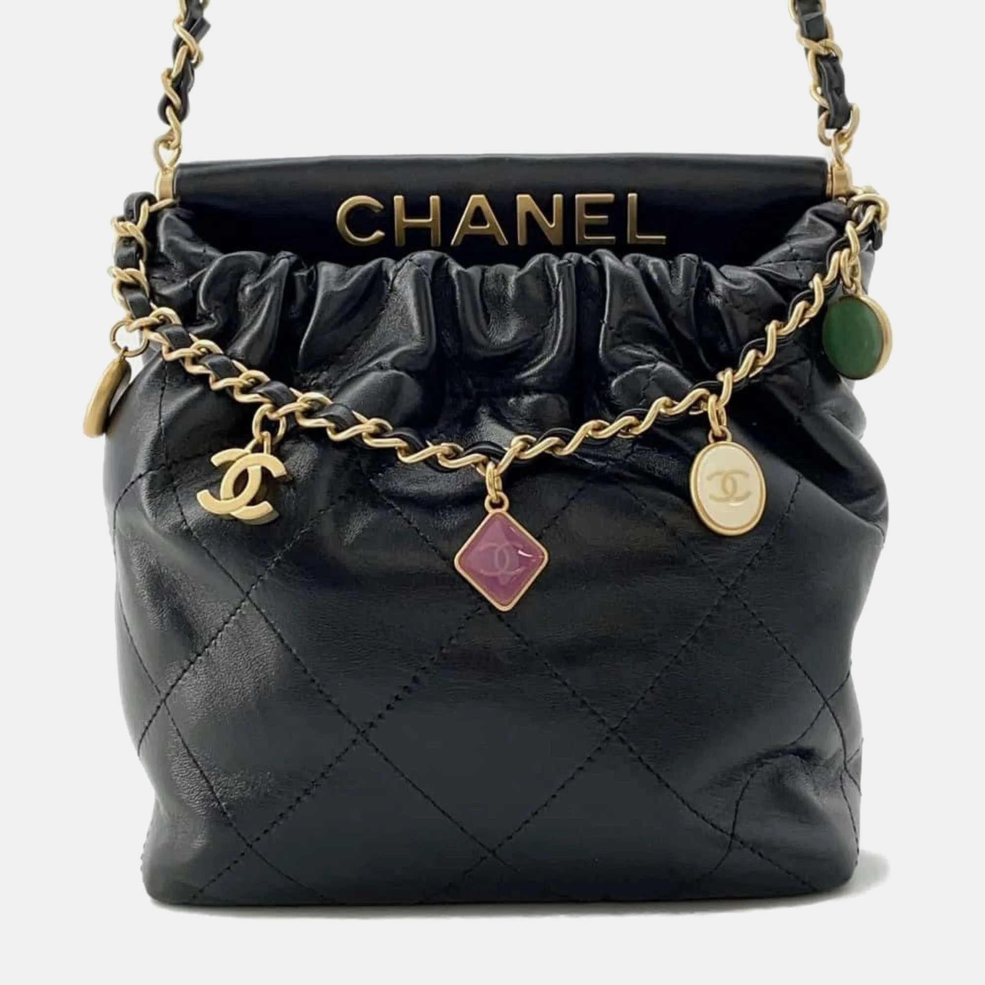 

Chanel Chanel Black Lambskin Quilted Small Resin Charms Chain Bucket Bag