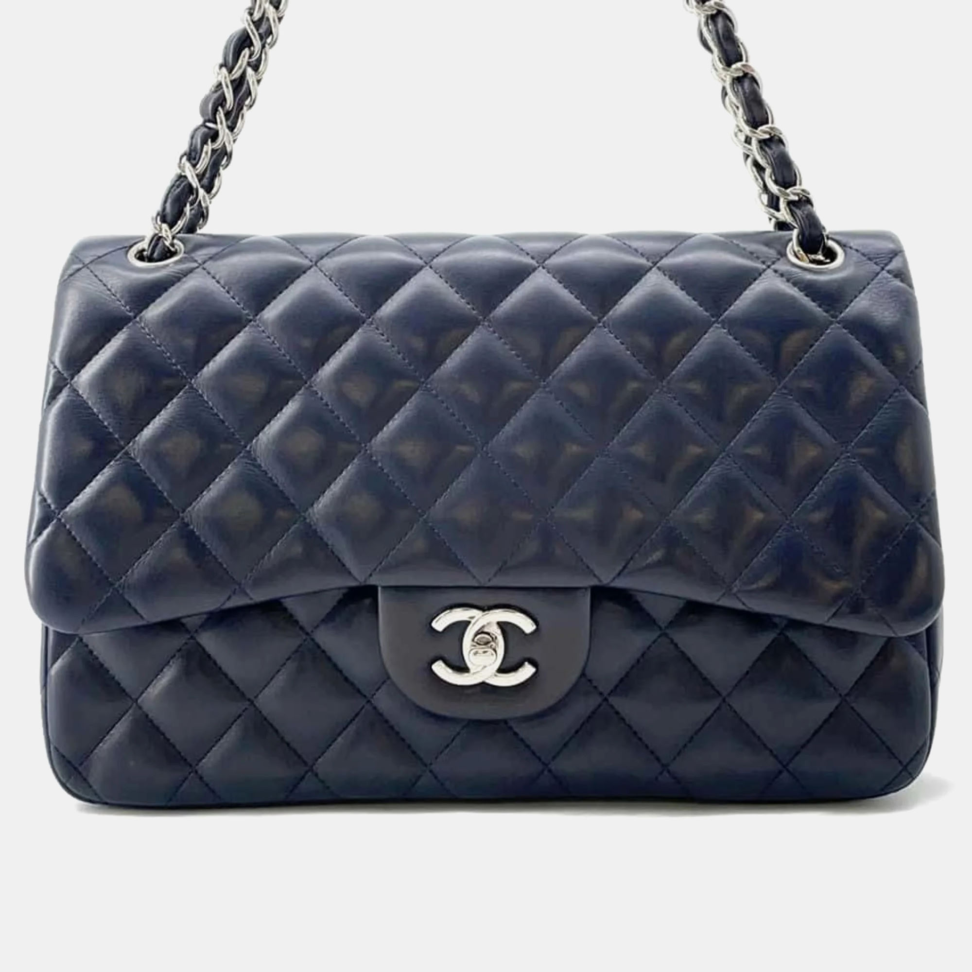 

Chanel Navy Blue Leather Jumbo Classic Double Flap Shoulder Bags