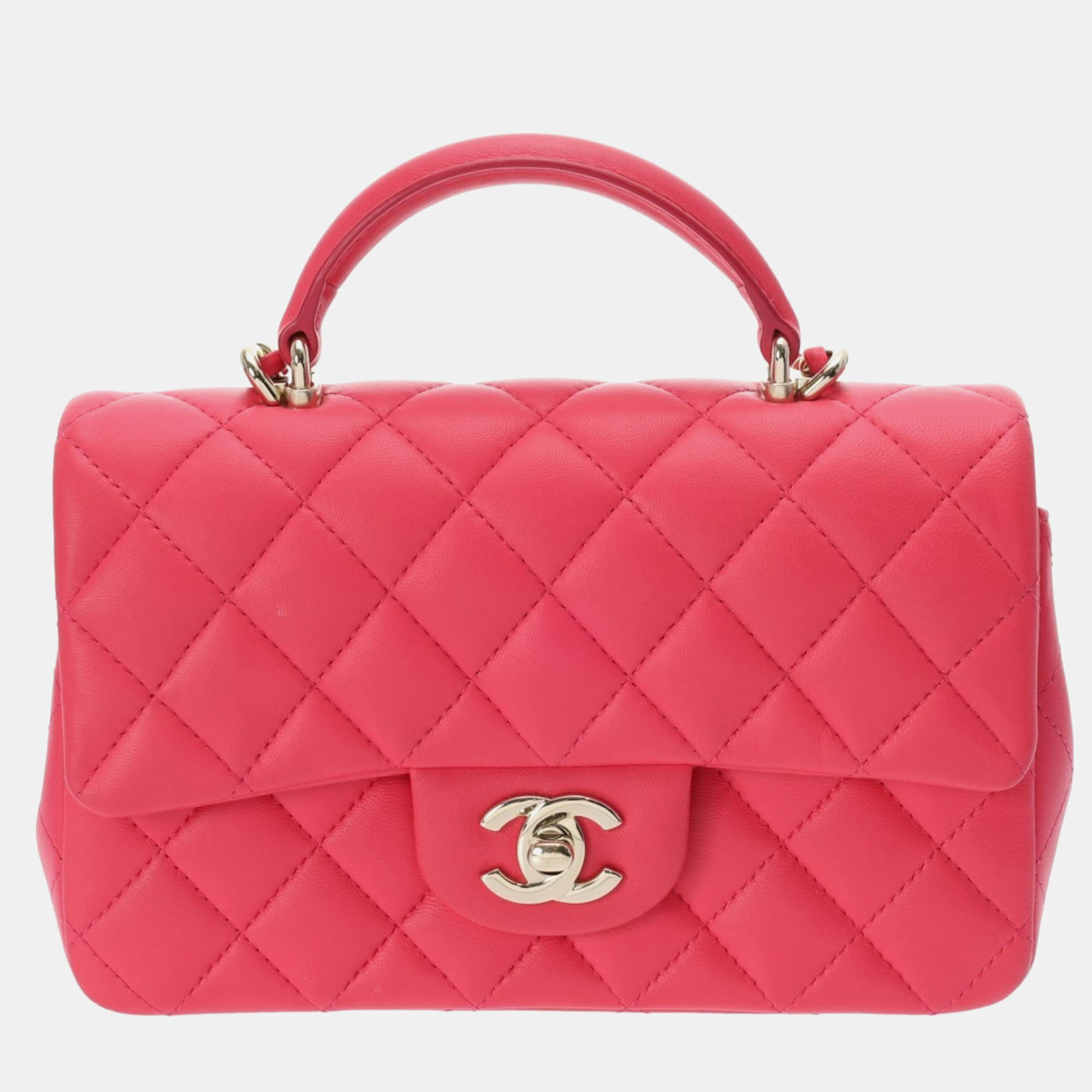 

Chanel Pink Lambskin Quilted Mini Rectangular Flap Top Handle Bag