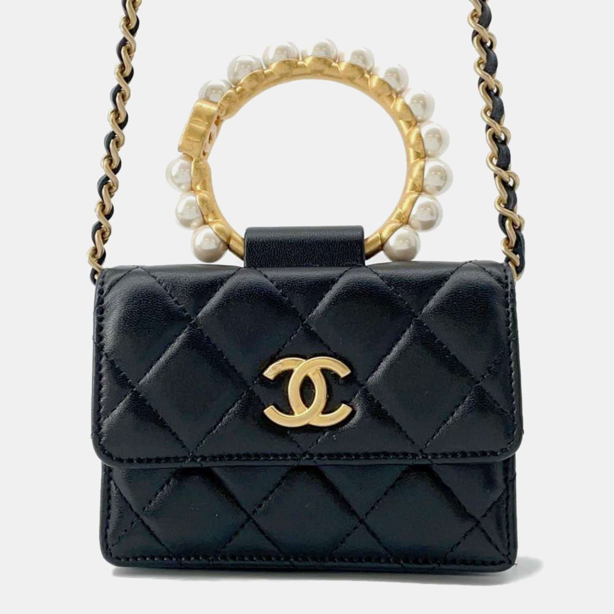 

Chanel Black Leather Pearl Crown Clutch On Chain