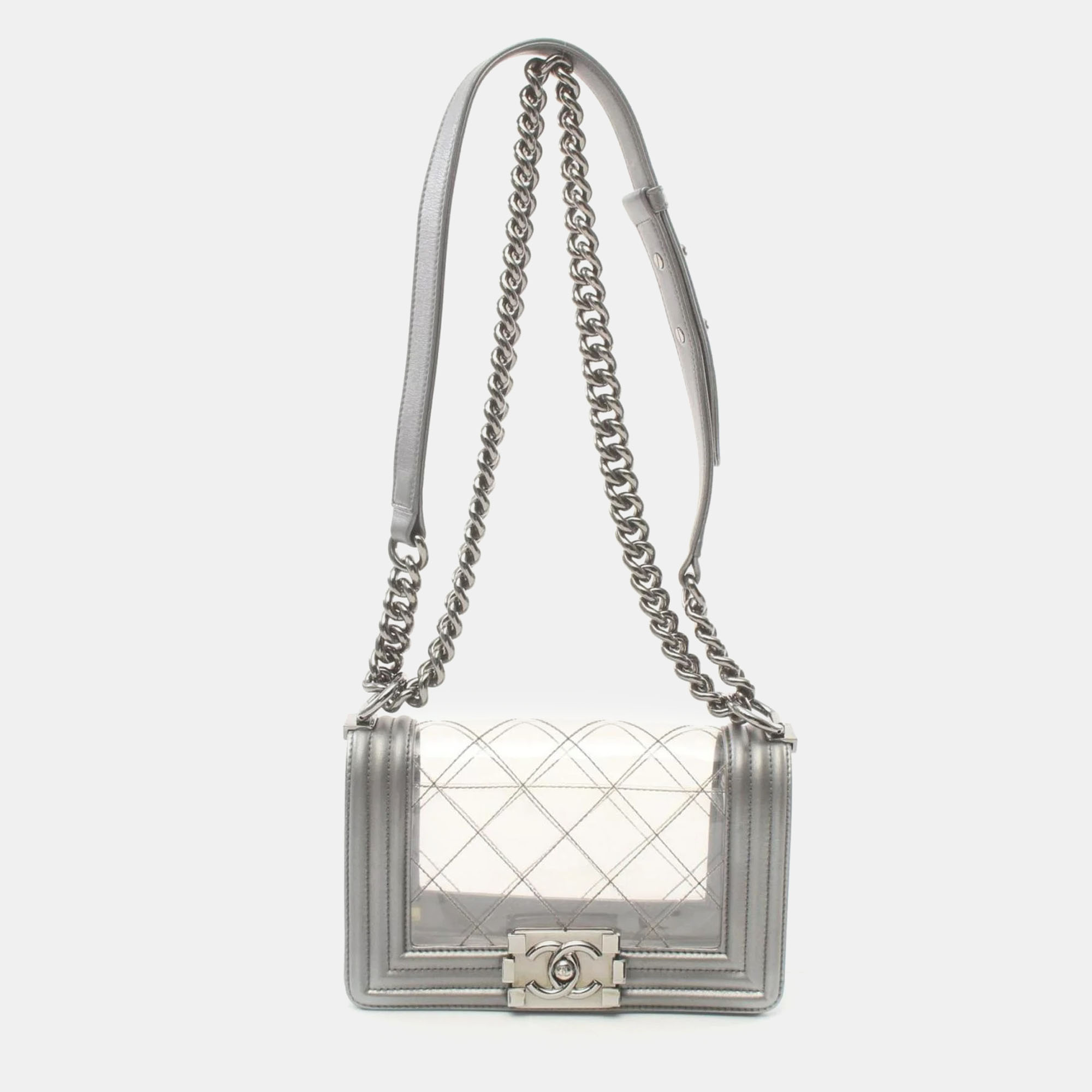 

Chanel Transparent Quilted PVC and Silver Calfskin Leather Mini Boy Bag