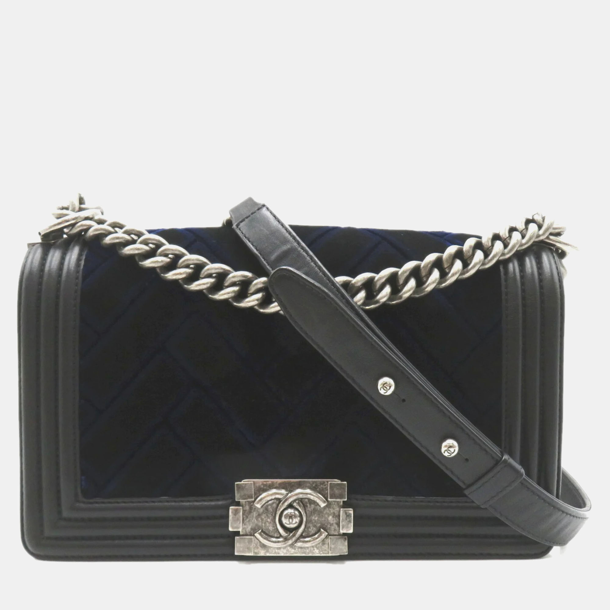 

Chanel Black Patchwork Velvet with Calfskin Old  Boy Flap Shoulder Bags