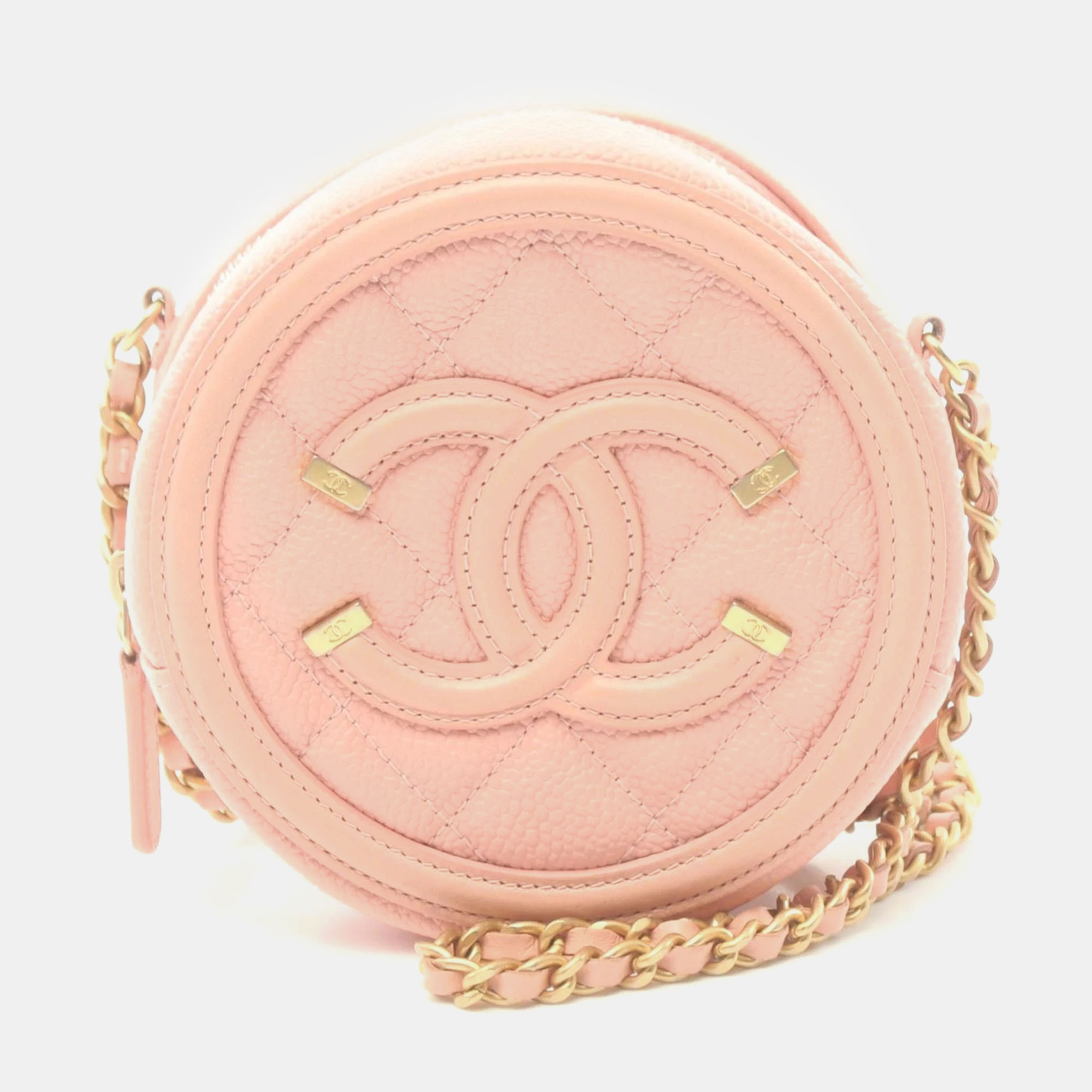 

Chanel Pink Leather Round Filigree Clutch with Chain