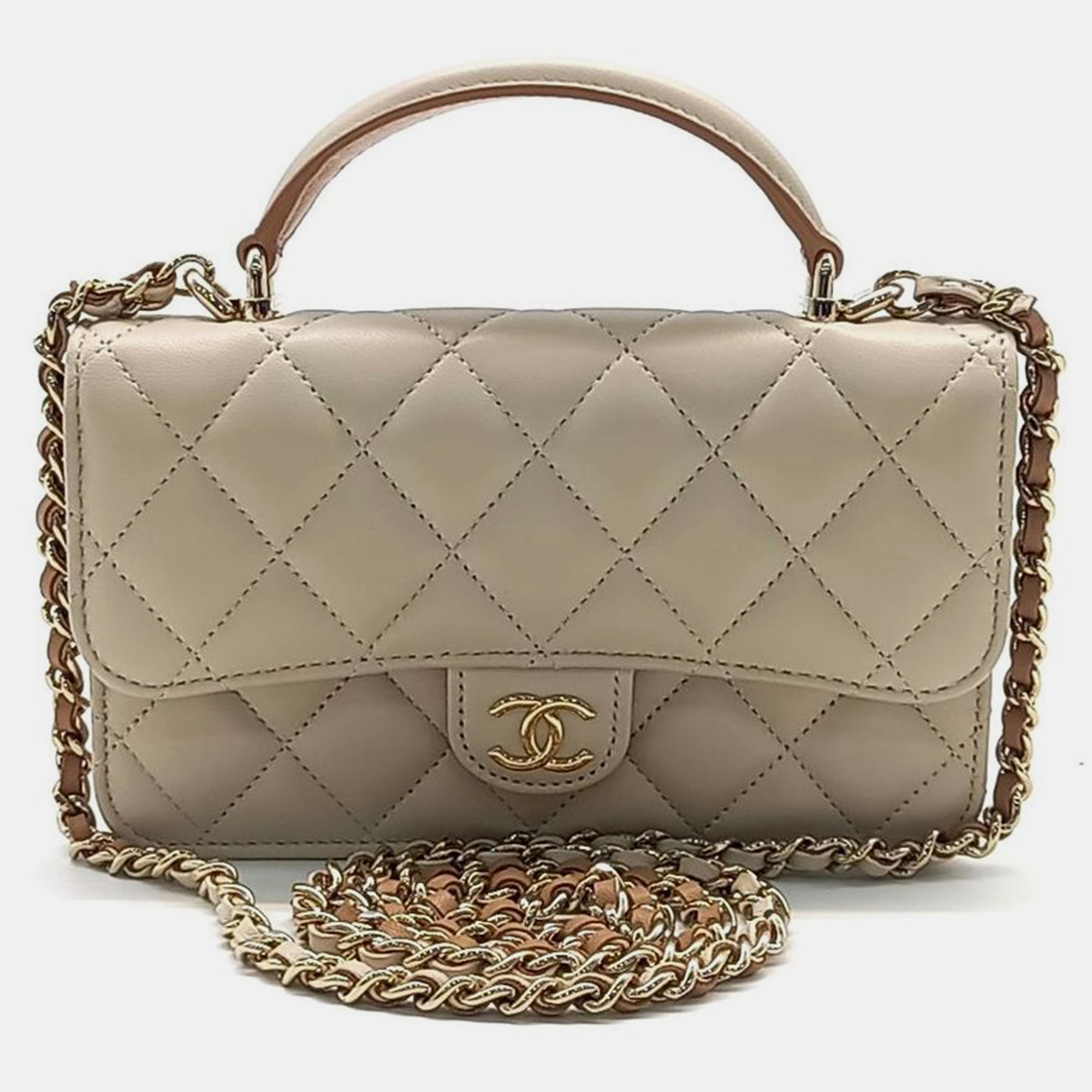 

Chanel Lambskin Top Handle Mini Chain Crossbody Bag, Beige