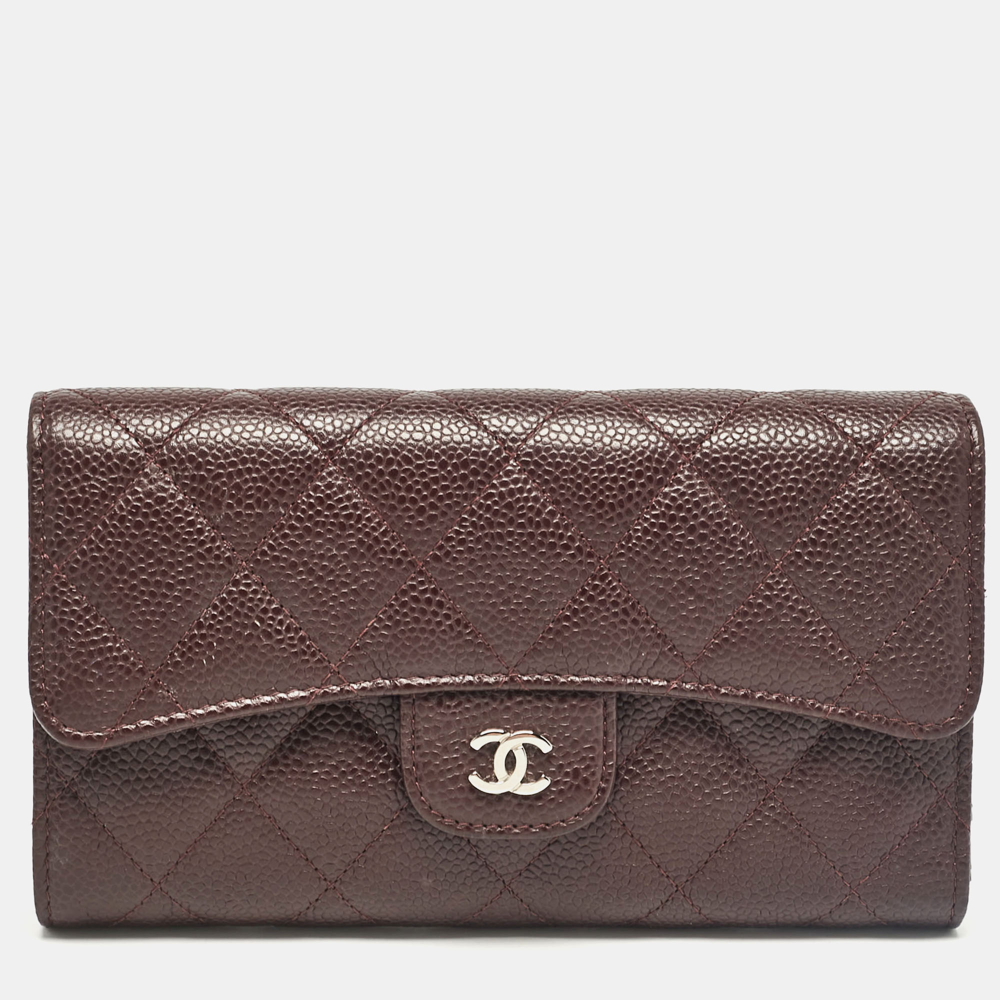 Pre-owned Chanel Plum Quilted Caviar Leather Classic Flap Trifold Wallet In Purple