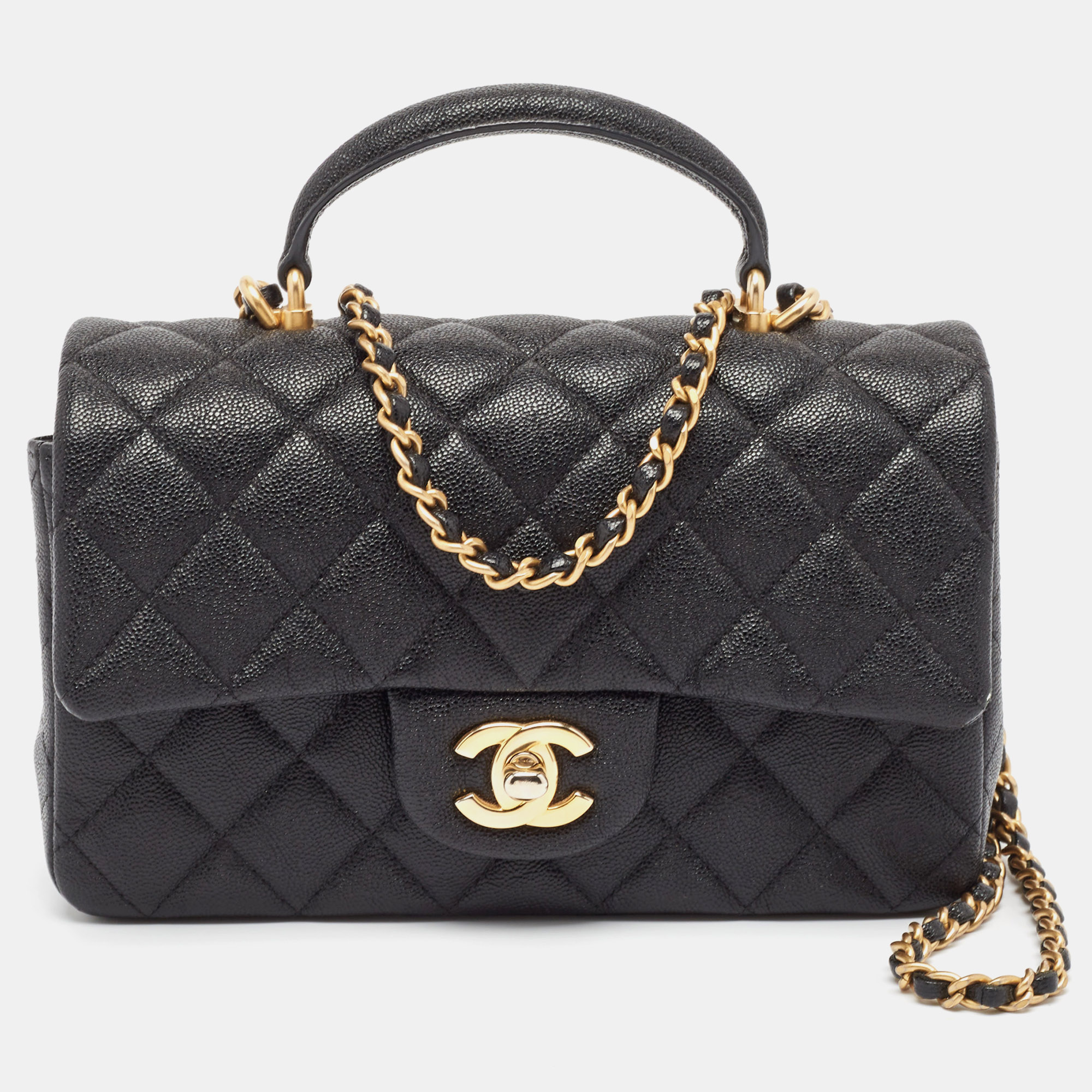 

Chanel Black Quilted Caviar Leather Mini Rectangular Flap Top Handle Bag