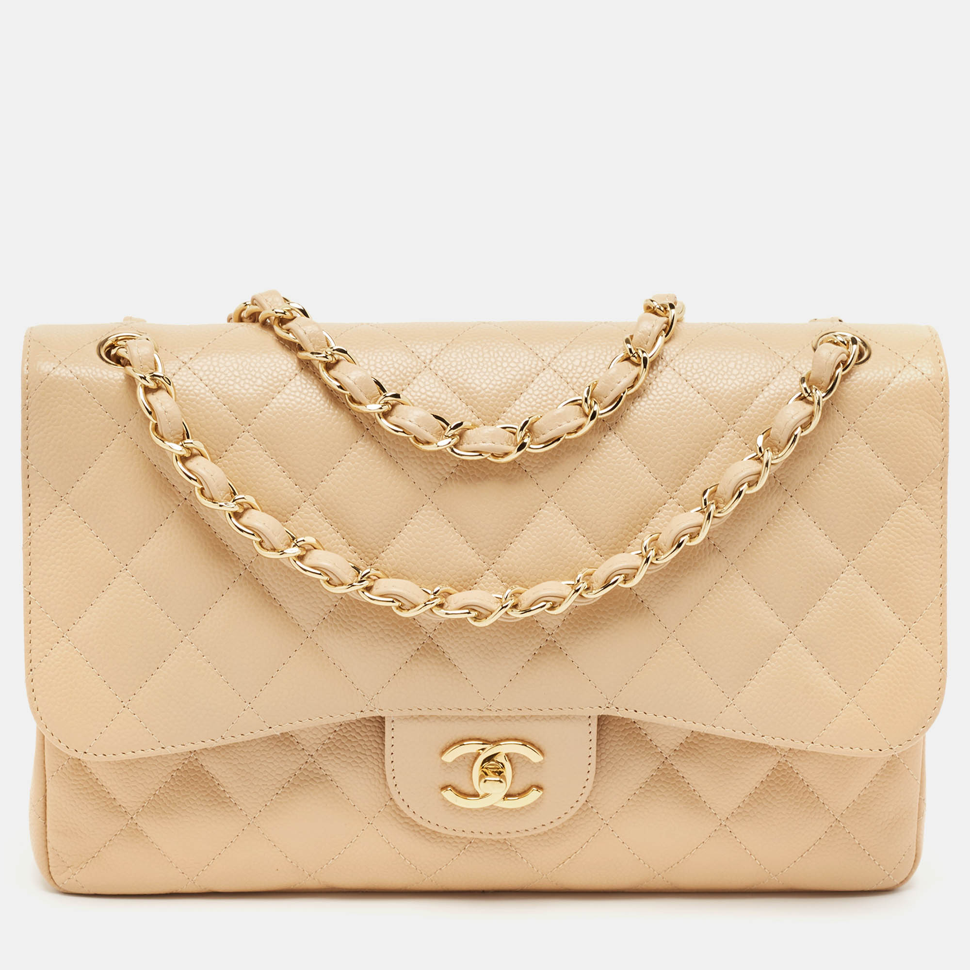 Pre-owned Chanel Beige Caviar Leather Jumbo Classic Double Flap Bag