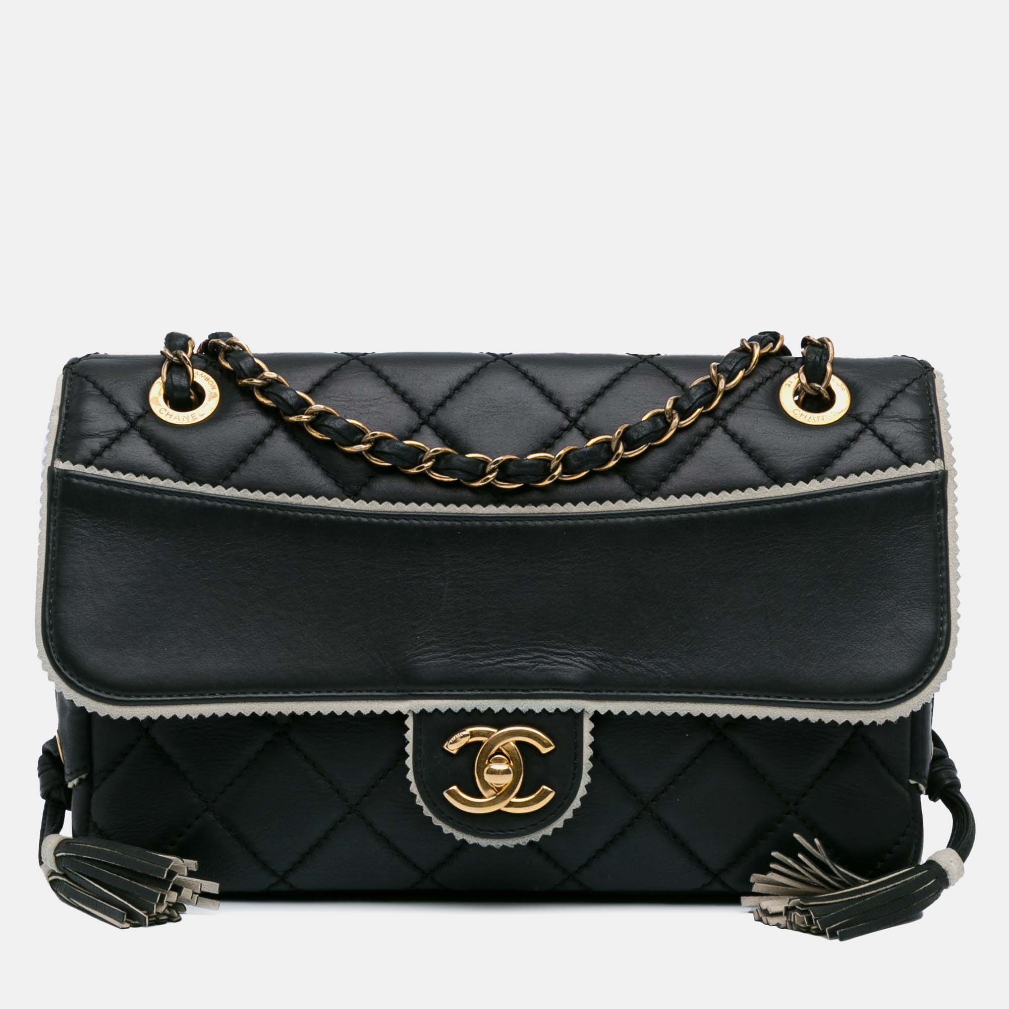 

Chanel Black Quilted Lambskin Leather Tassel and Border Embellished Flap Bag