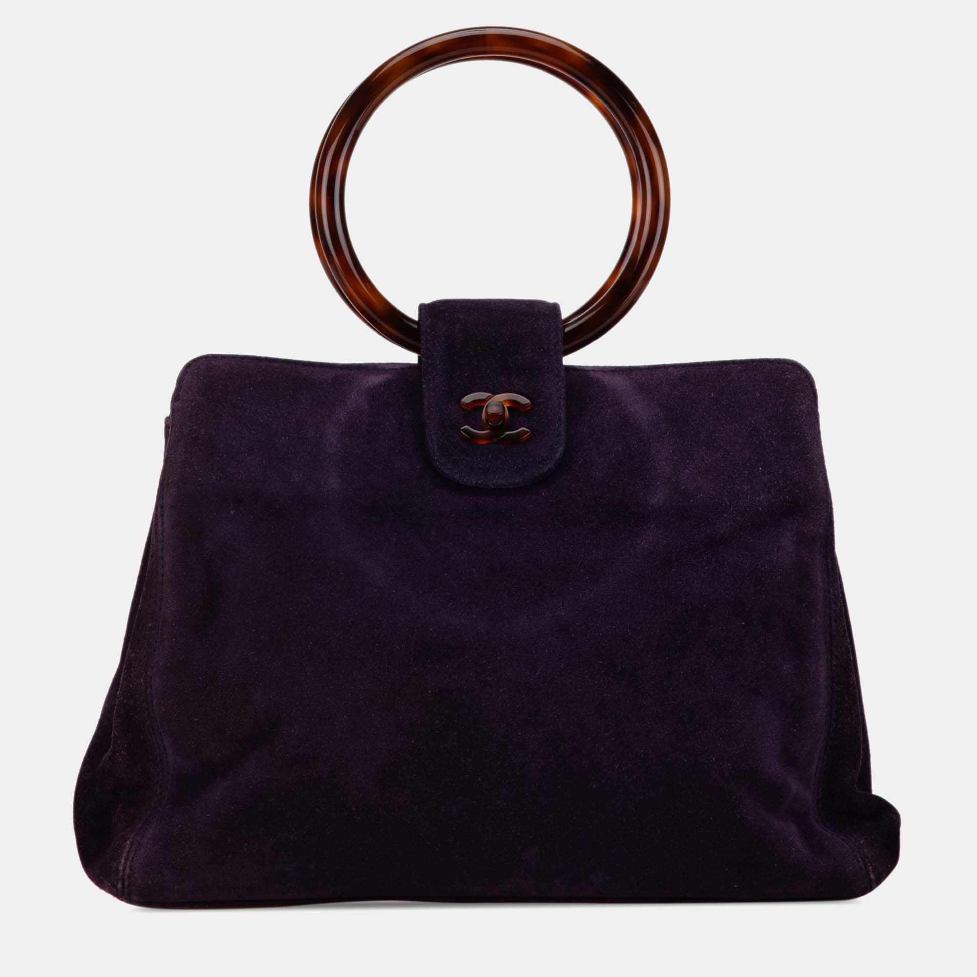 Pre-owned Chanel Cc Suede Tortoise Top Handle Handbag In Purple