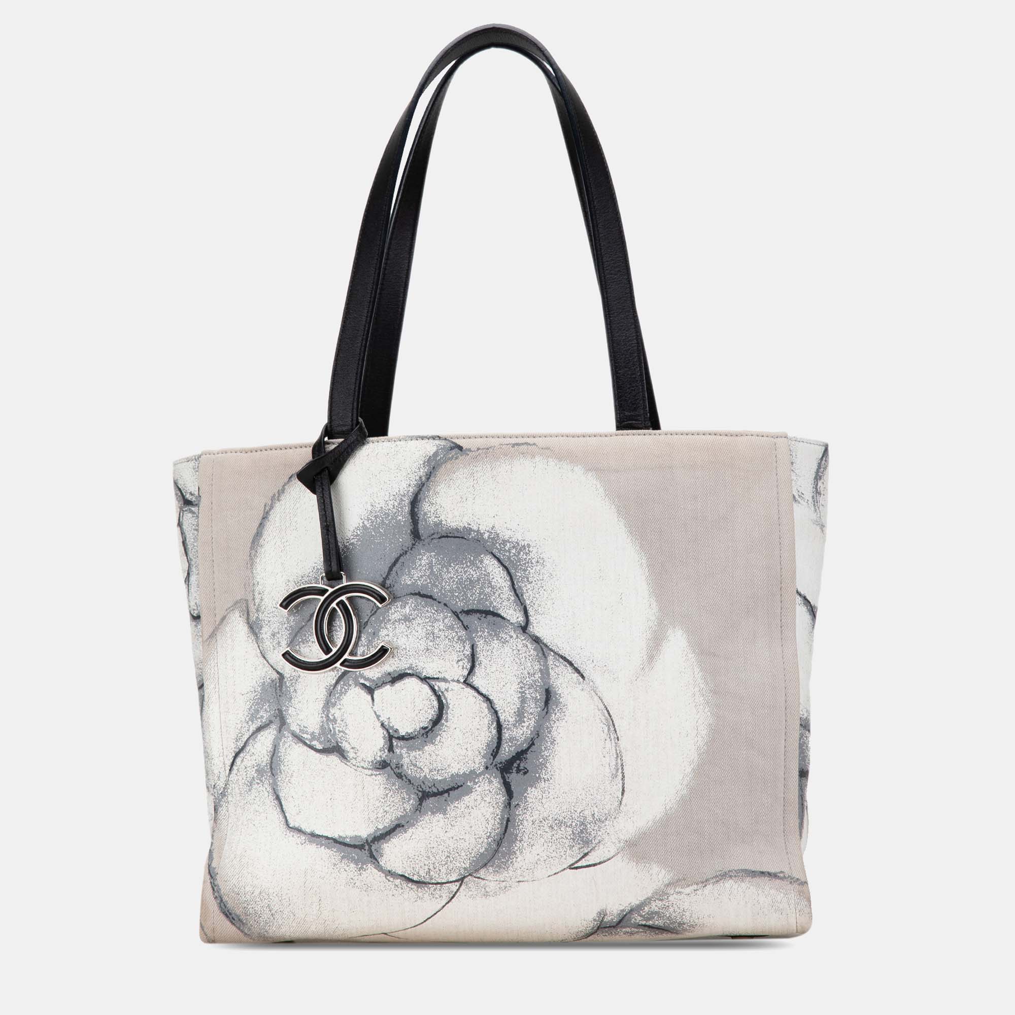 Pre-owned Chanel Camellia Printed Canvas Shopper Tote In Grey