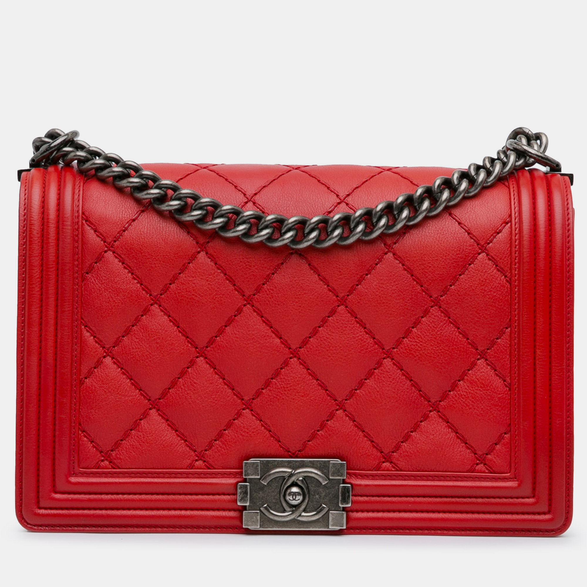 

Chanel Red Lambskin Leather Medium Double Stitch Boy Flap Bag