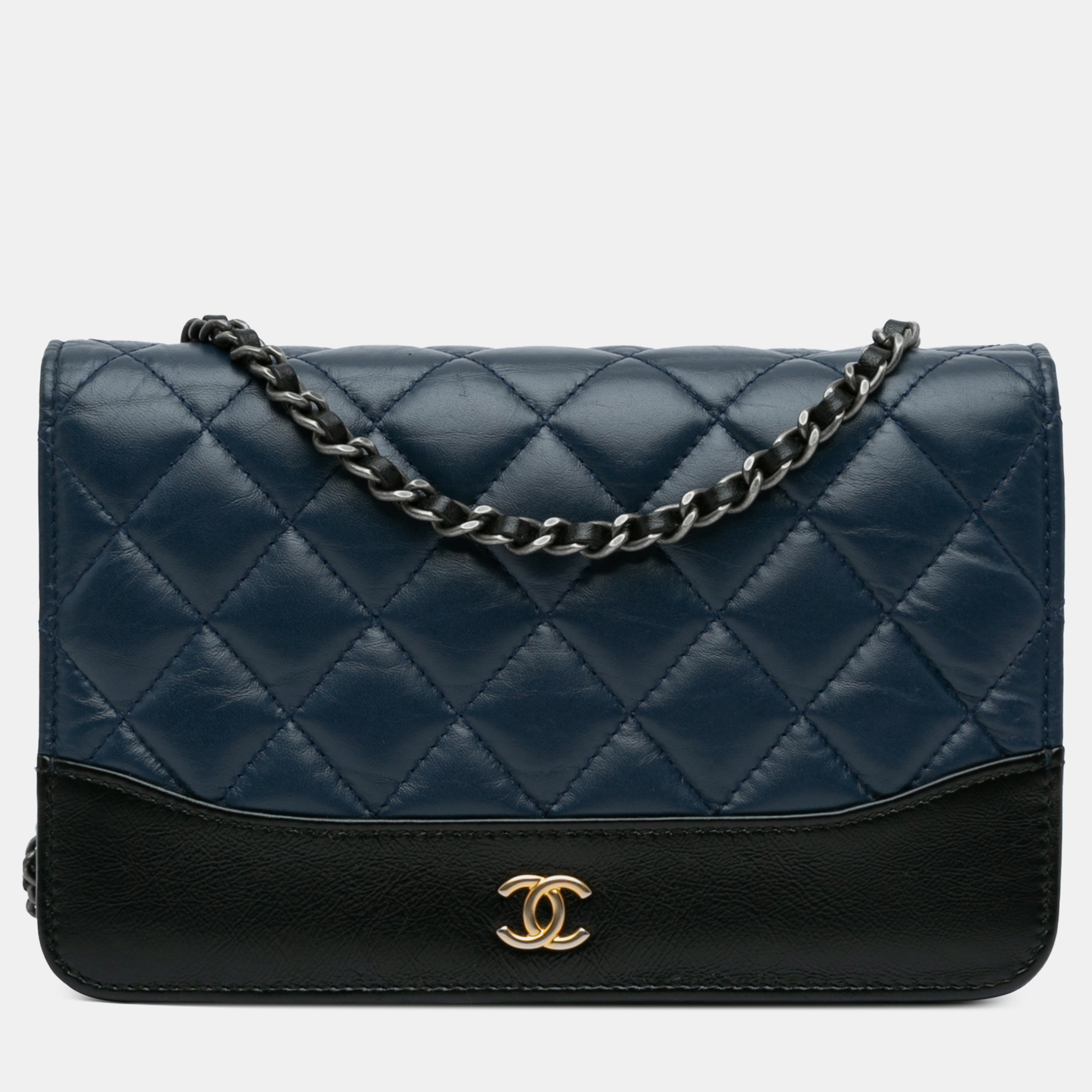 

Chanel Blue/Black Quilted Aged Calfskin Leather Gabrielle Wallet On Chain, Navy blue