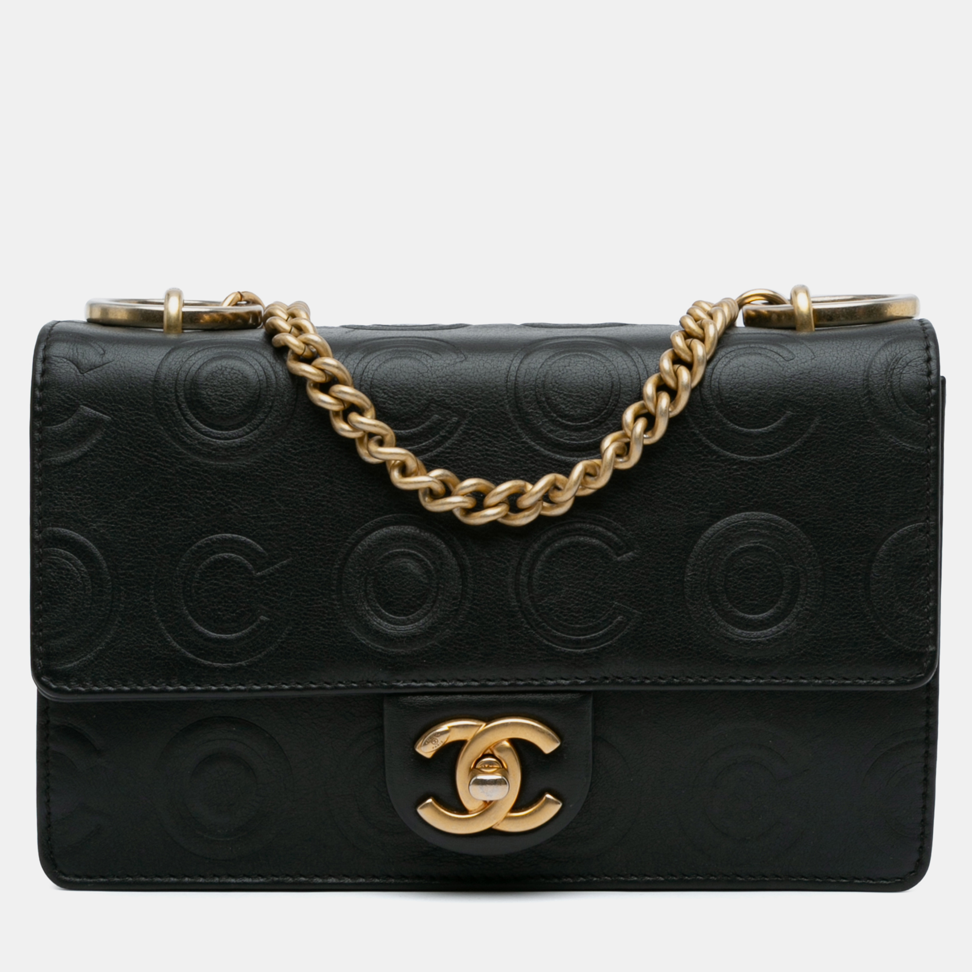 

Chanel Black Metallic Calfskin Leather Embossed Circle C Flap Bag