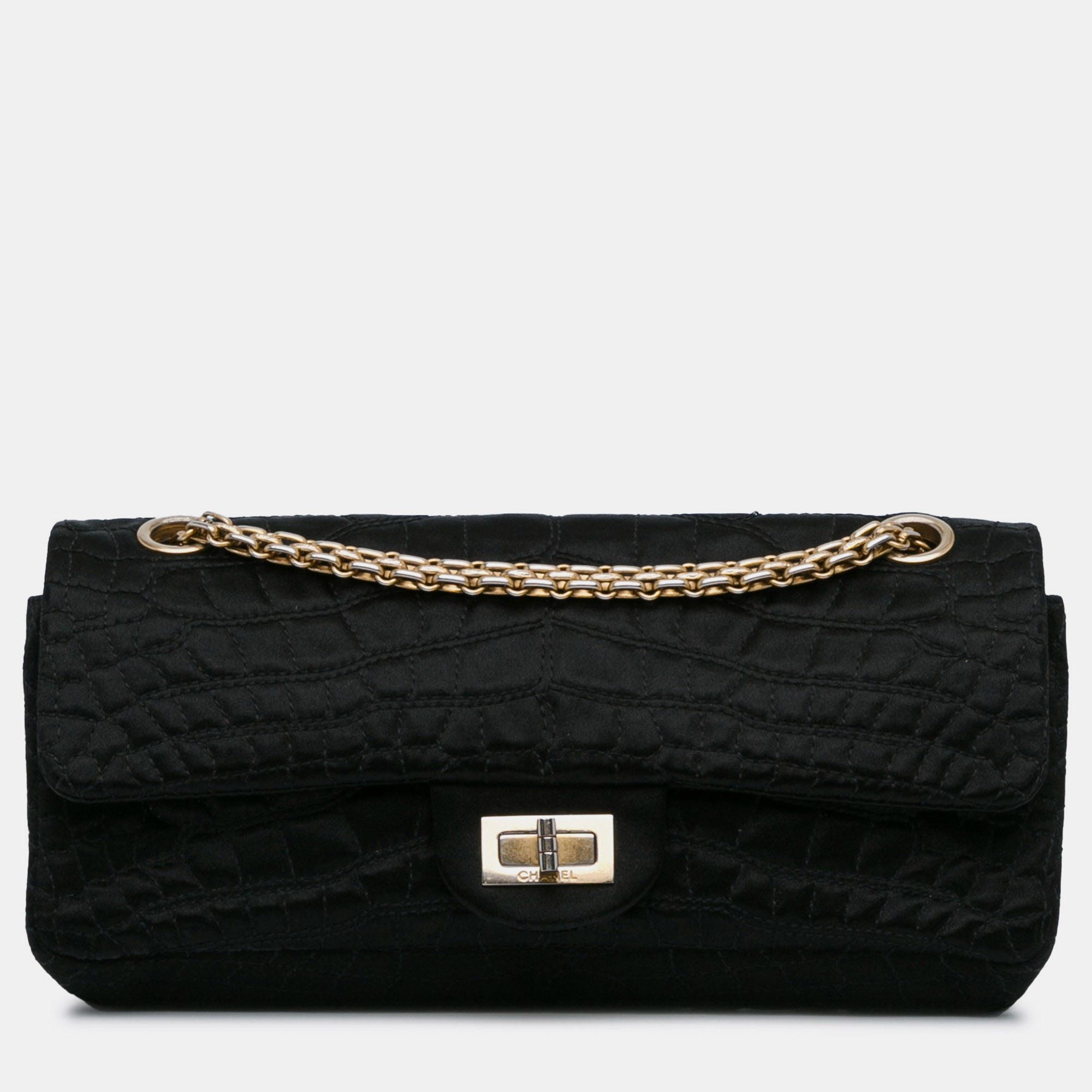 

Chanel Reissue 2.55 Croc Stitched Satin East West Double Flap Bag, Black