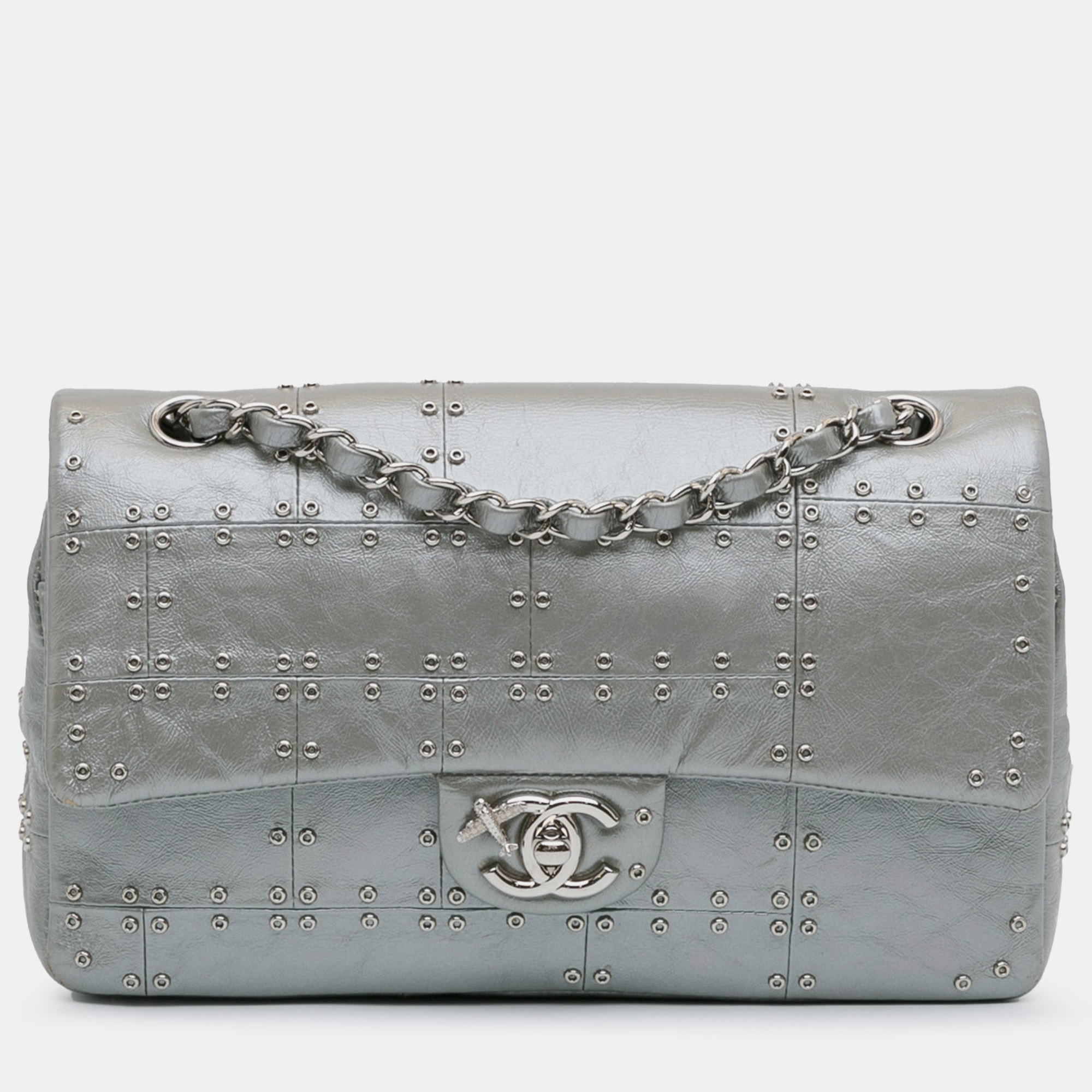 

Chanel Medium Glazed Calfskin Grommet Embellished Airline Double Flap Bag, Silver