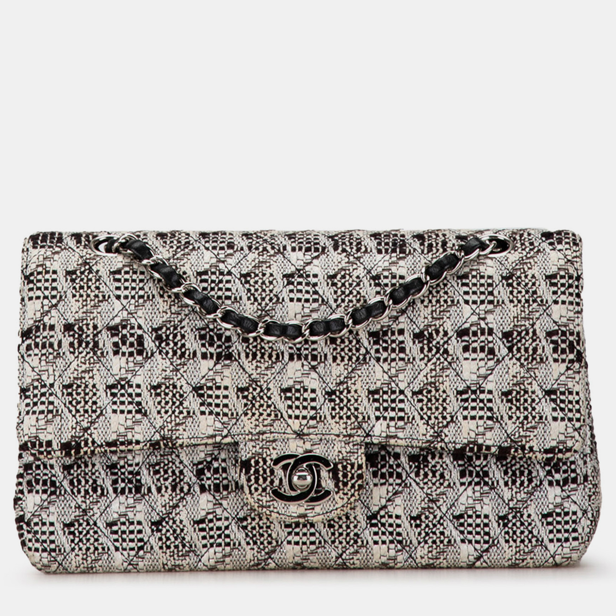 Pre-owned Chanel Medium Classic Tweed Double Flap Bag In White