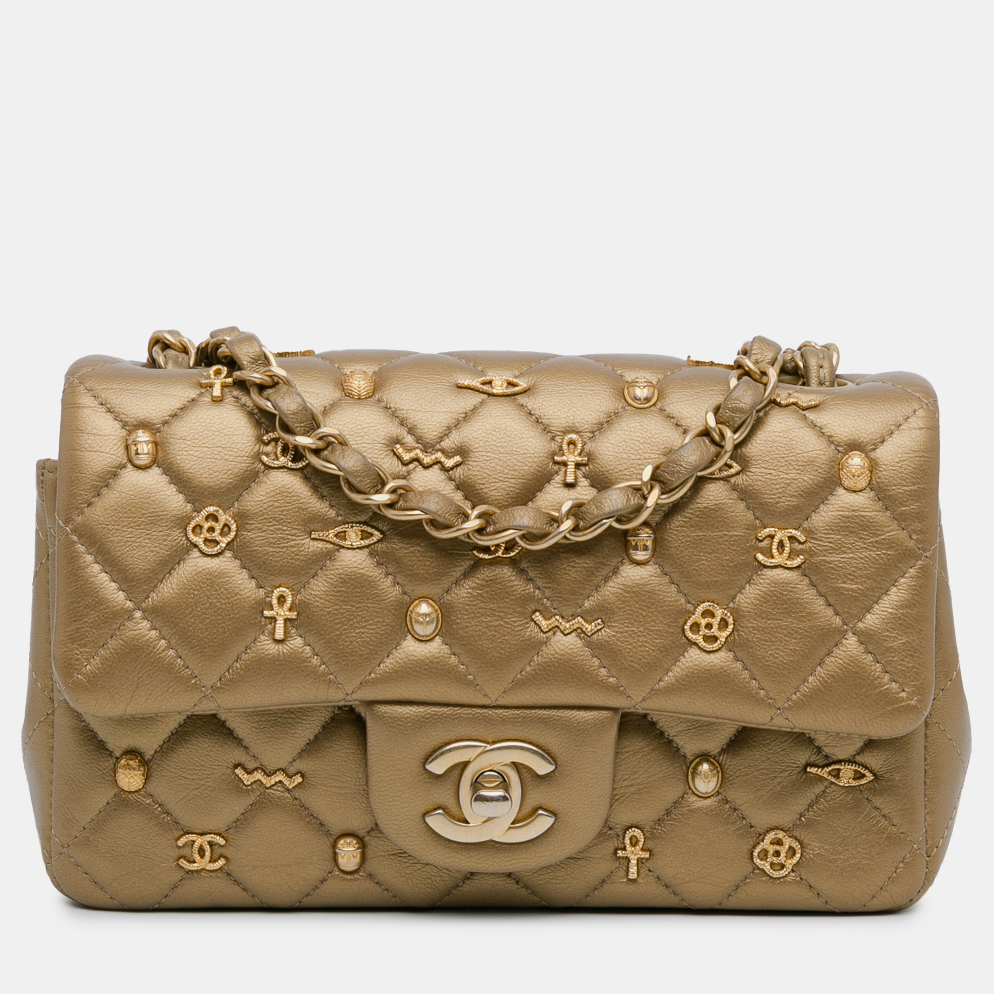 

Chanel Mini Rectangular Classic Metallic Lambskin Egyptian Amulet Charms Single Flap Bag, Gold