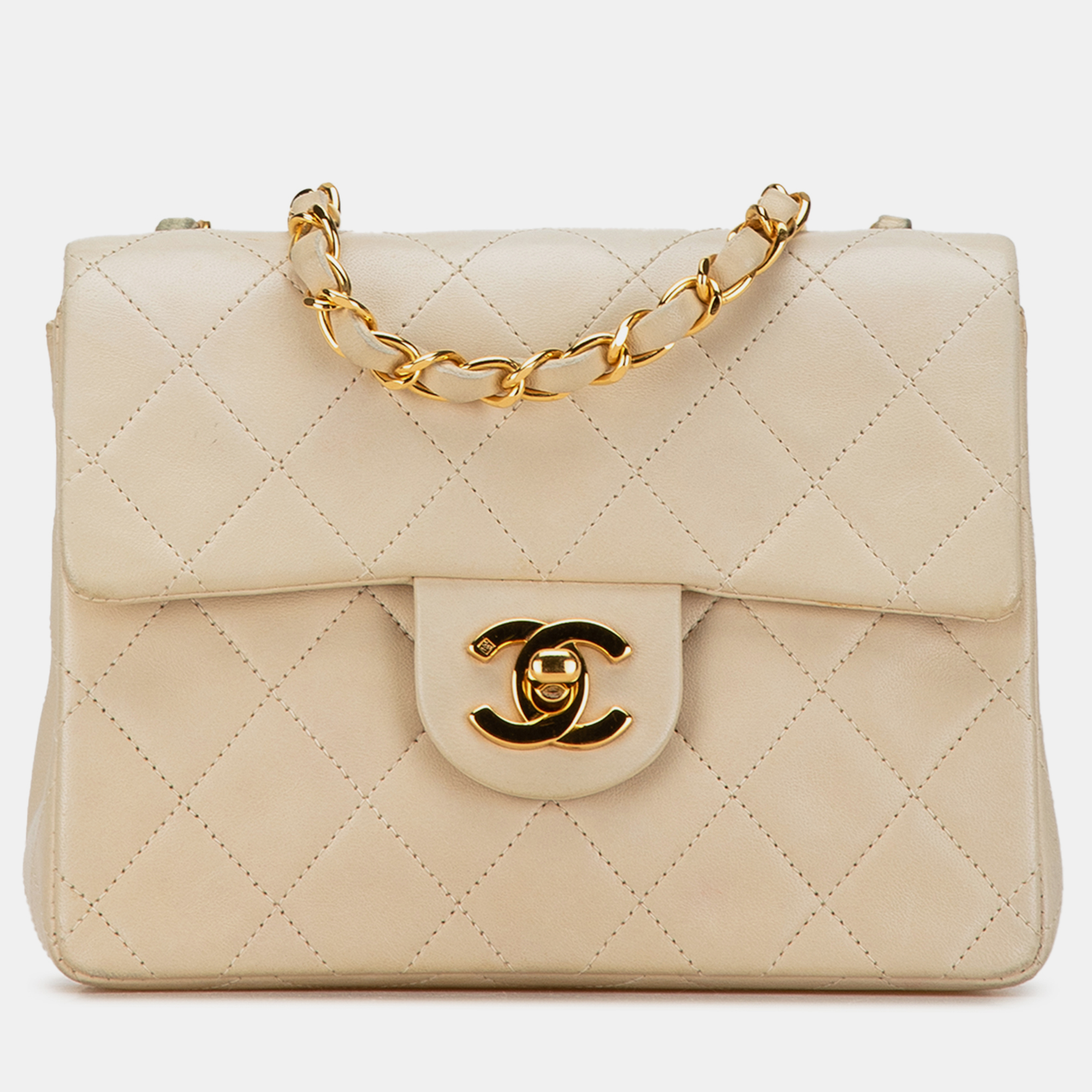 

Chanel Beige Mini Square Classic Lambskin Single Flap Bag