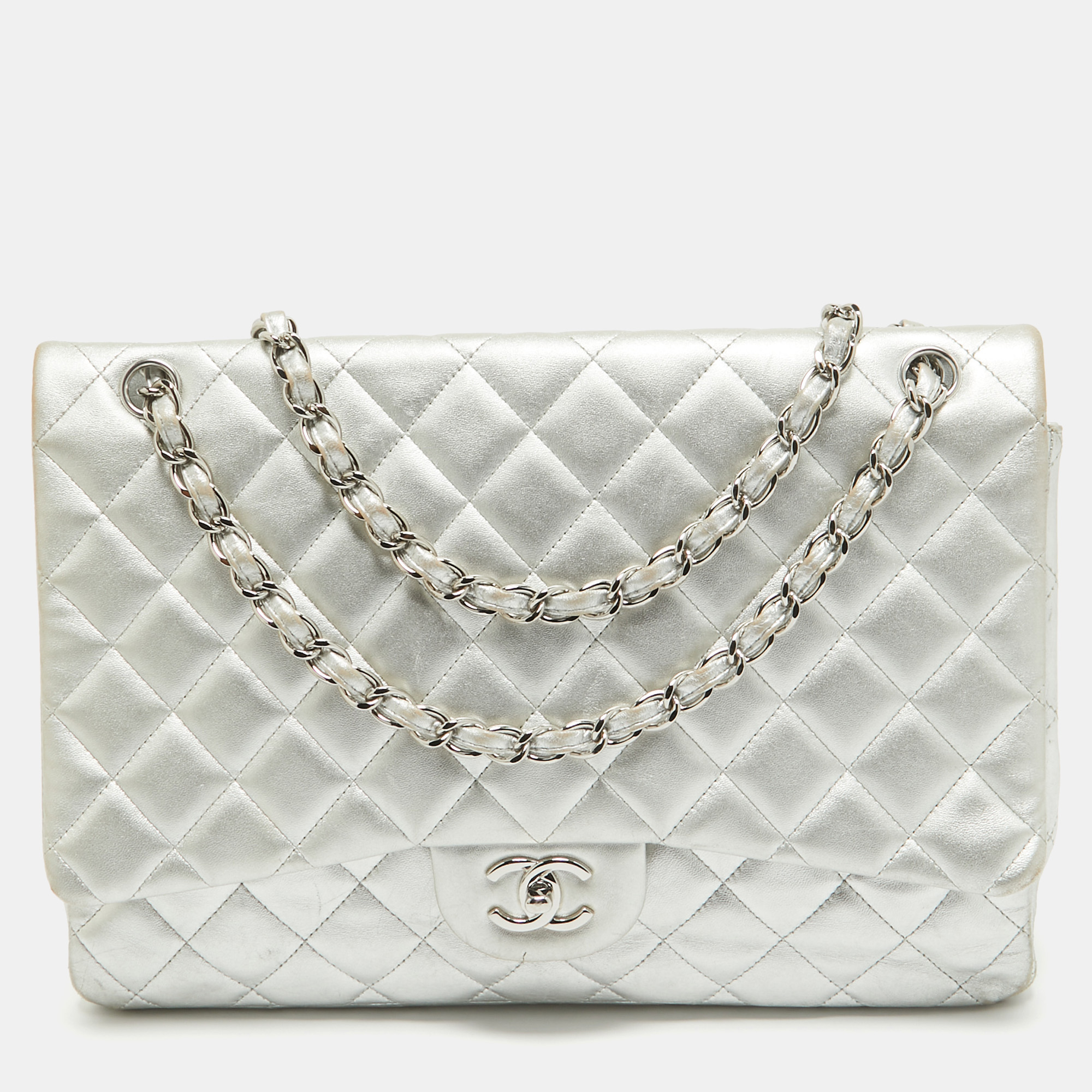 

Chanel Silver Quilted Leather Maxi Classic Single Flap Bag