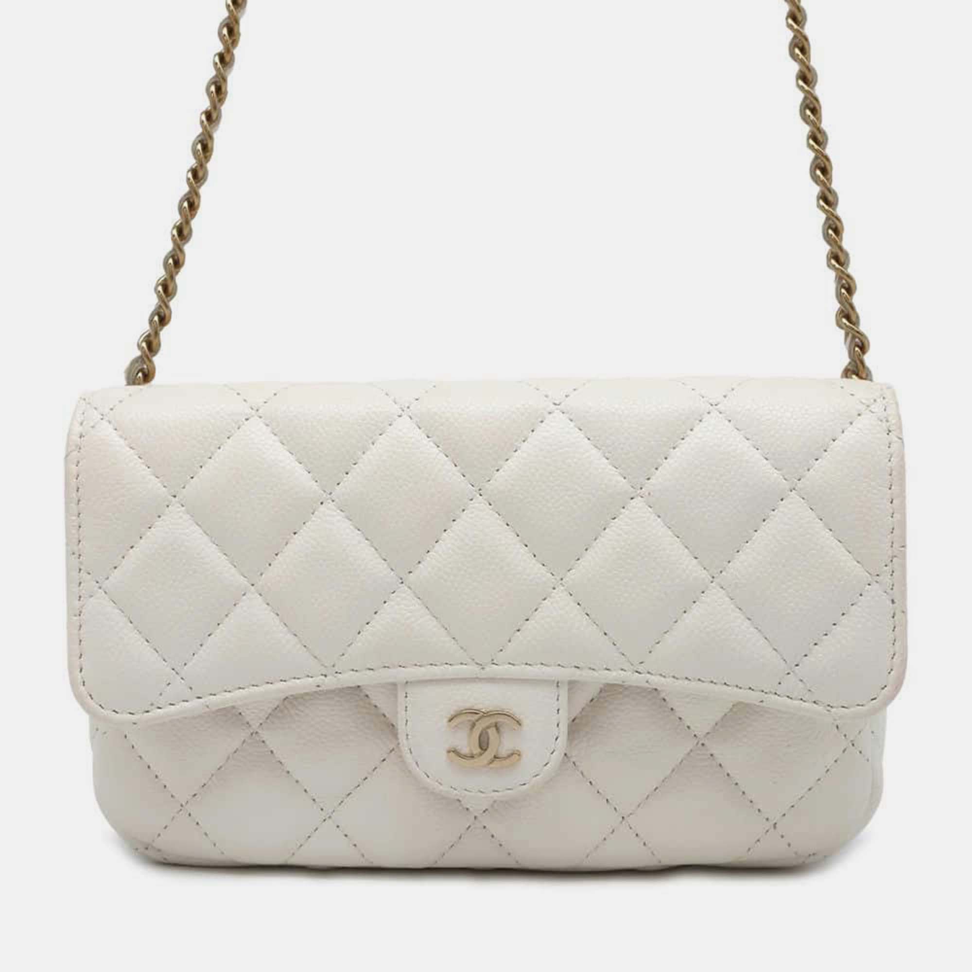 

Chanel White Quilted Caviar Classic Flap Phone Holder with Chain