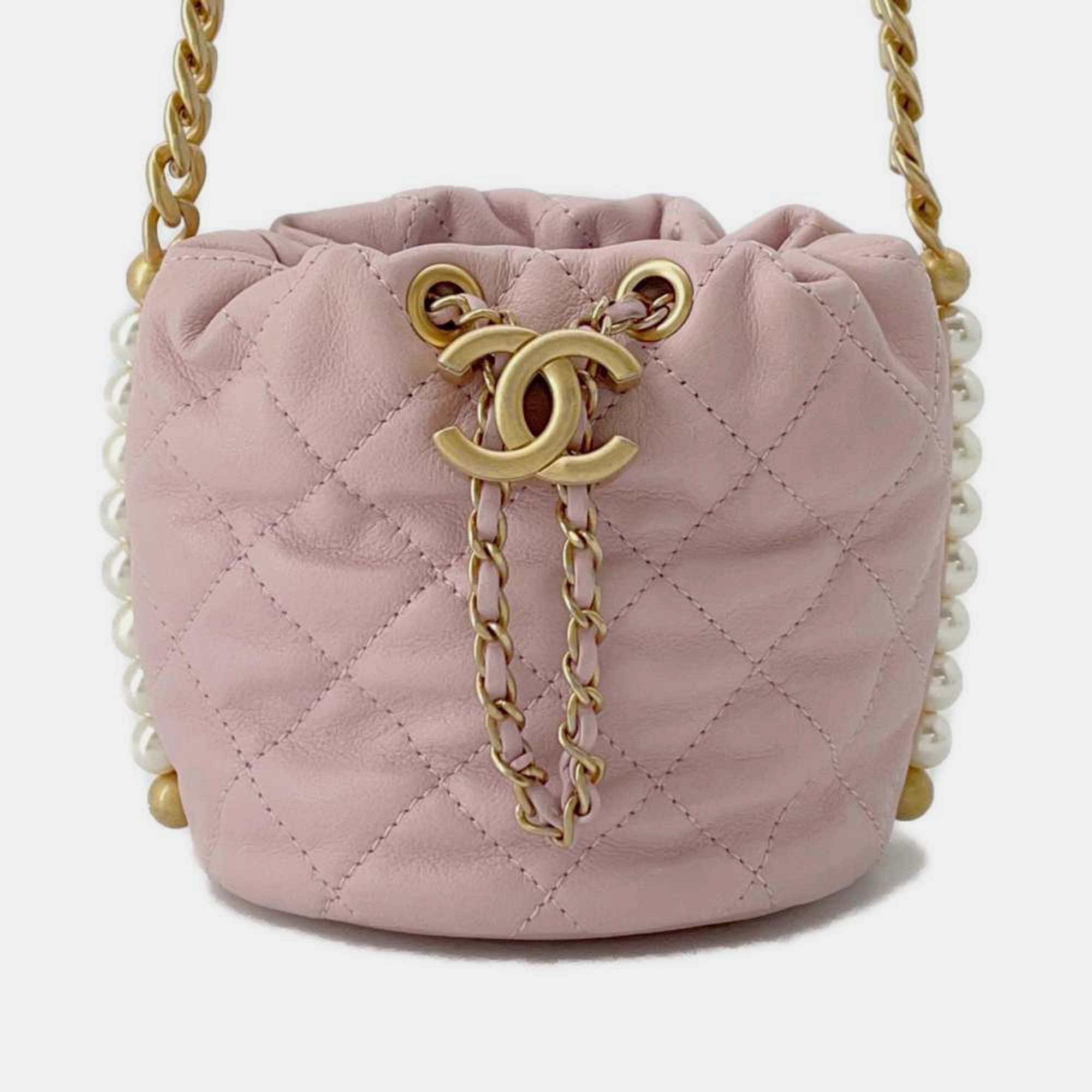 

Chanel Light Pink Calfskin Quilted Pearl Mini About Pearls Drawstring Bucket Bag