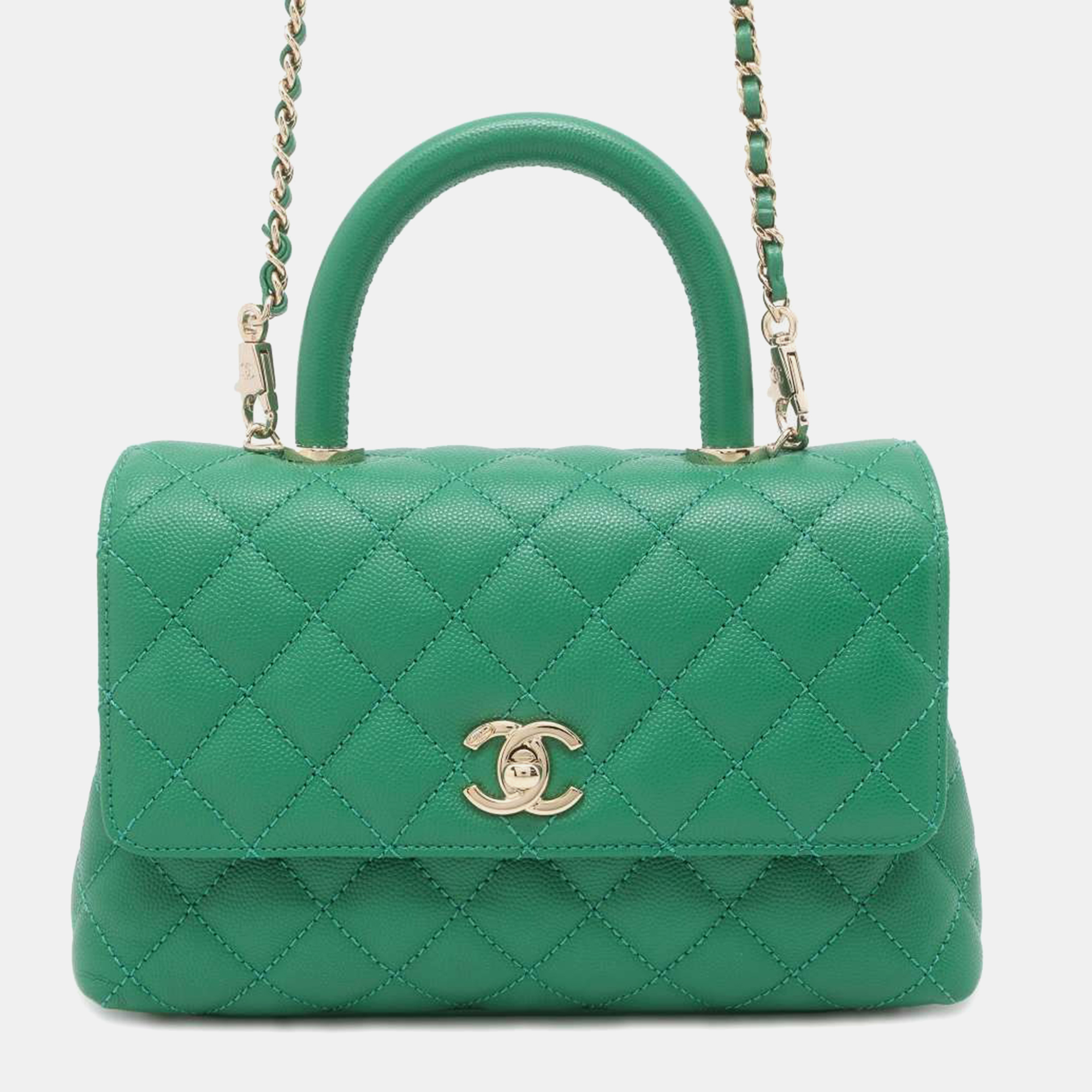 Pre-owned Chanel Green Leather Mini Coco Handle Top Handle Bag