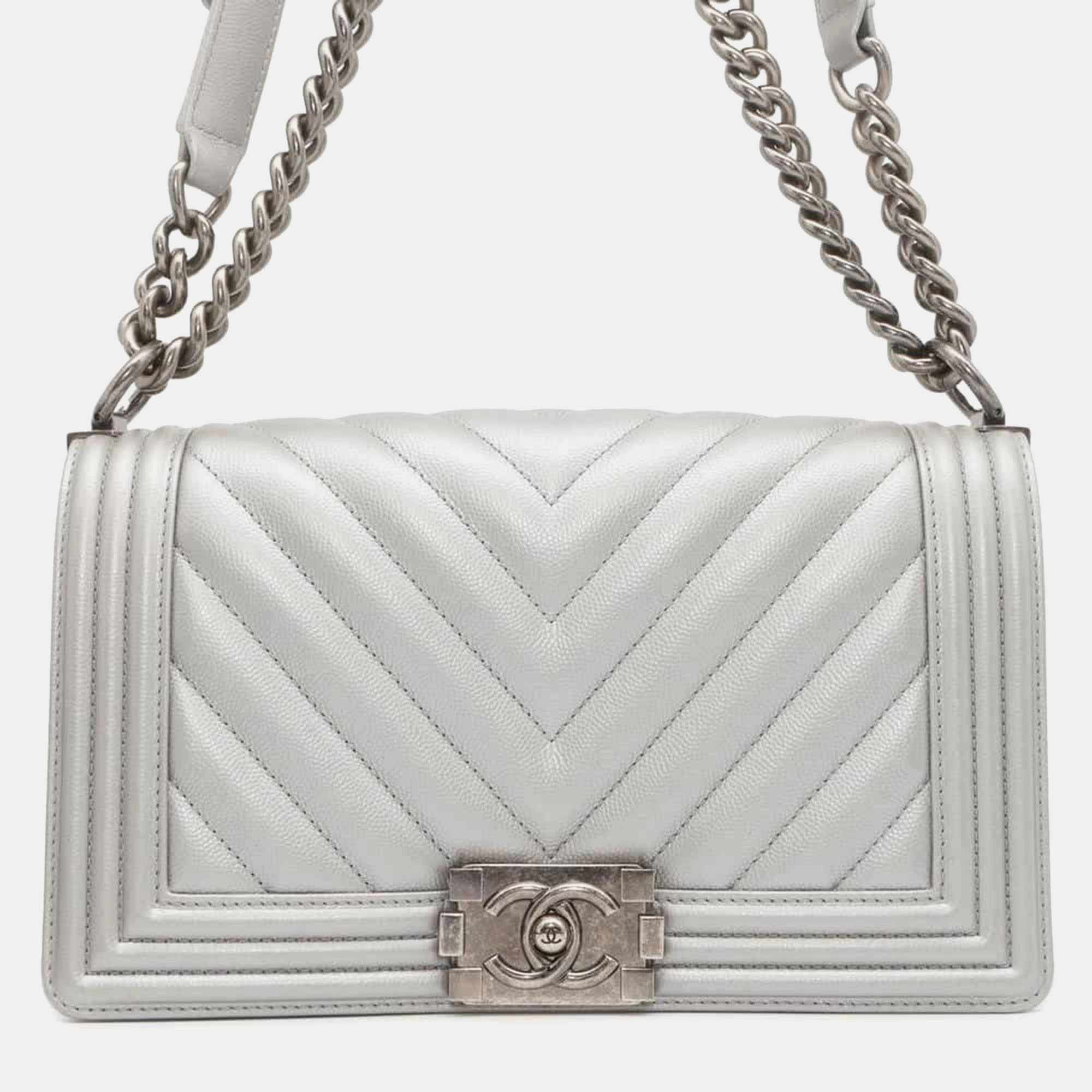 

Chanel Metallic Silver Leather Chevron  Boy Shoulder Bag