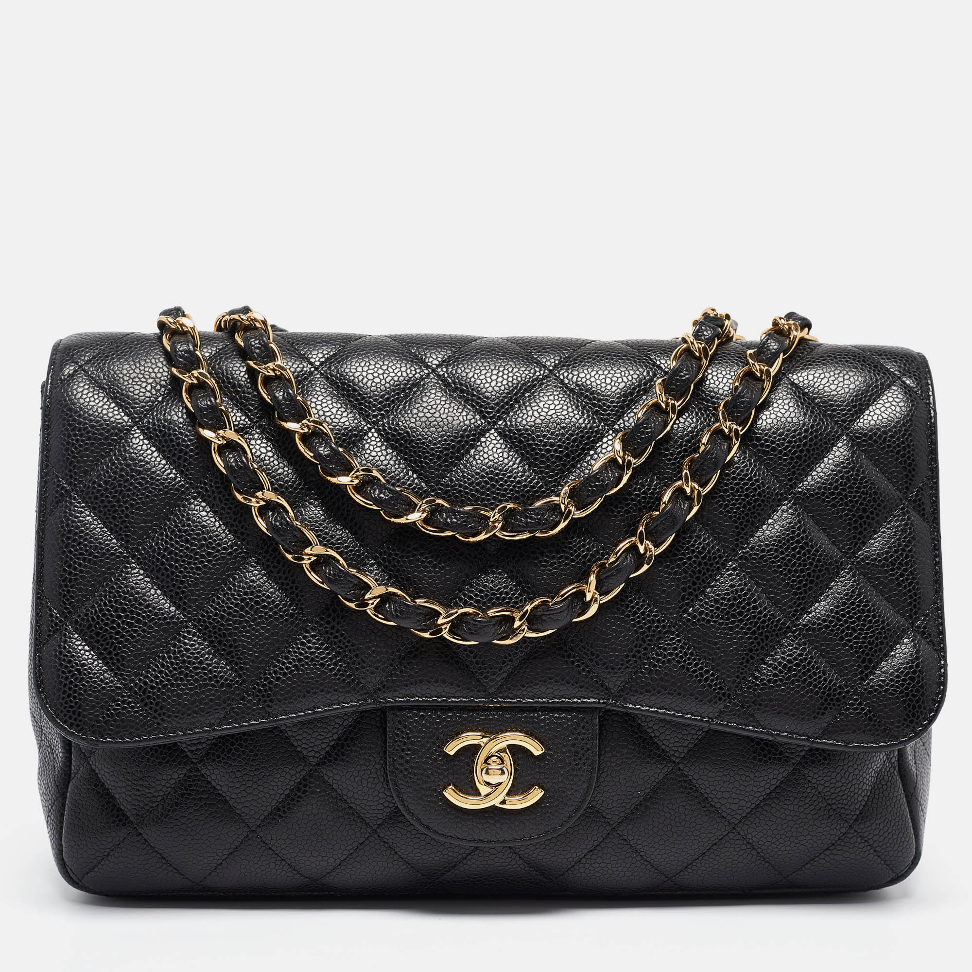 

Chanel Black Quilted Caviar Leather Jumbo Classic Single Flap Bag