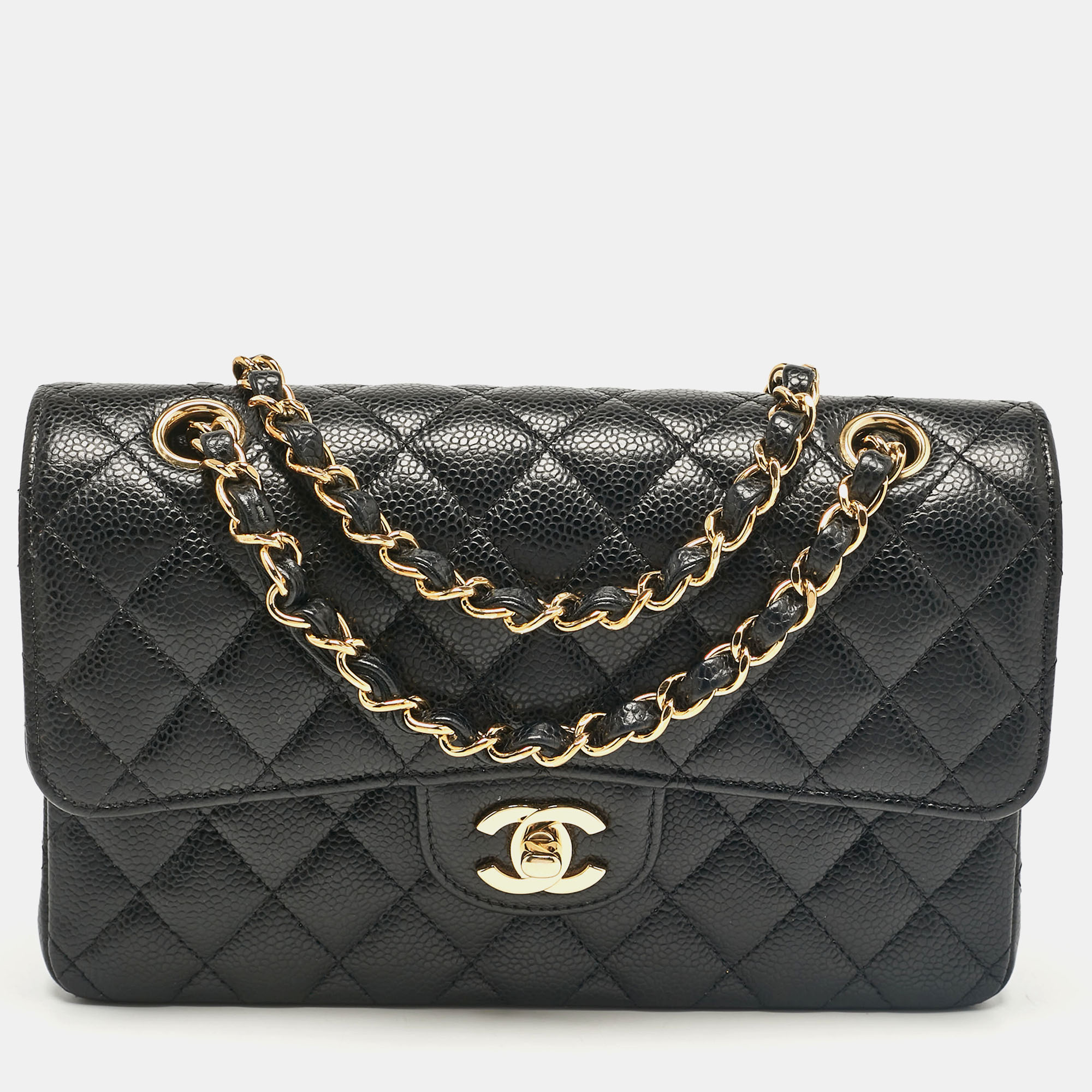 

Chanel Black Quilted Caviar Leather Small Classic Double Flap Bag