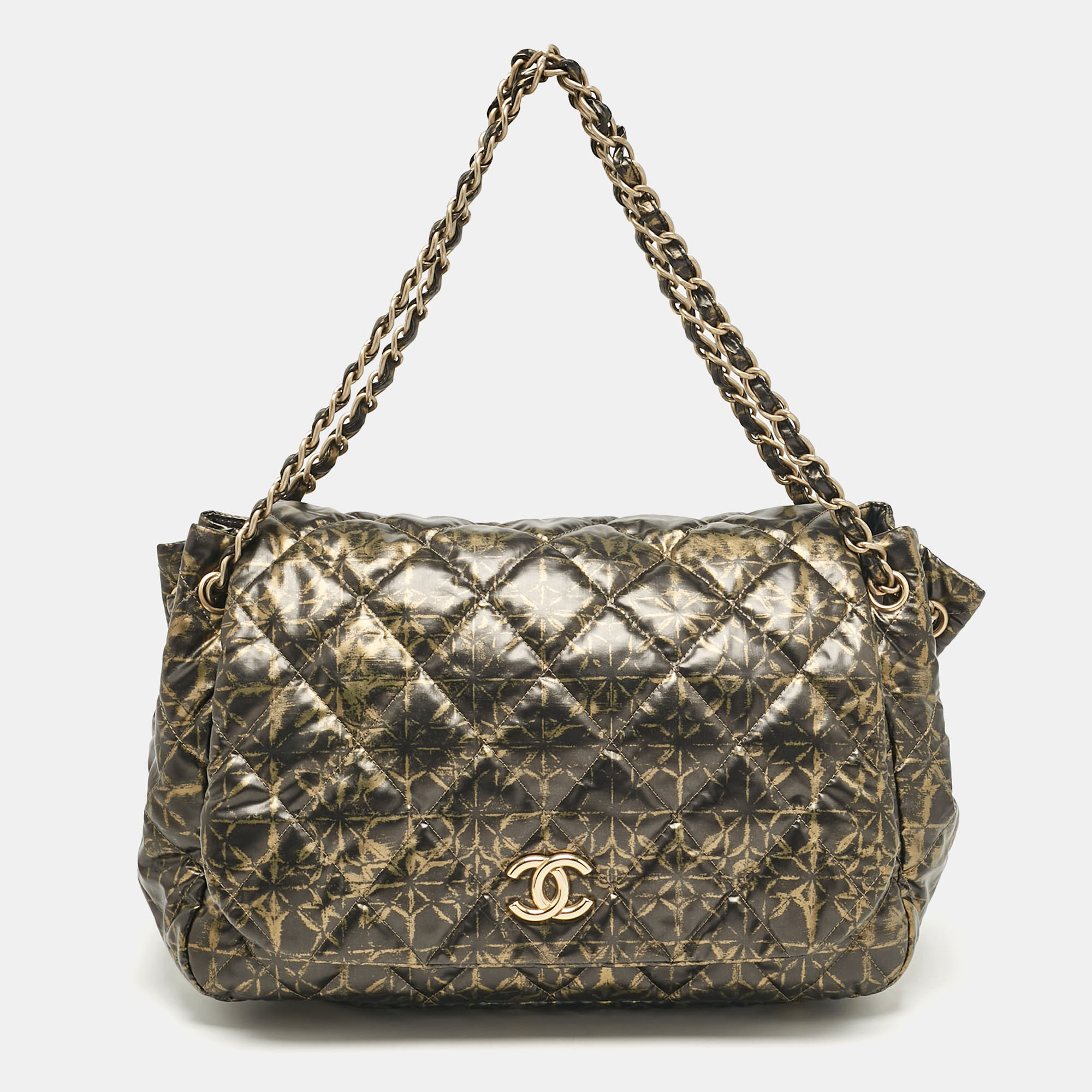 

Chanel Black/Gold Quilted Printed Coated Nylon Accordion Flap Bag