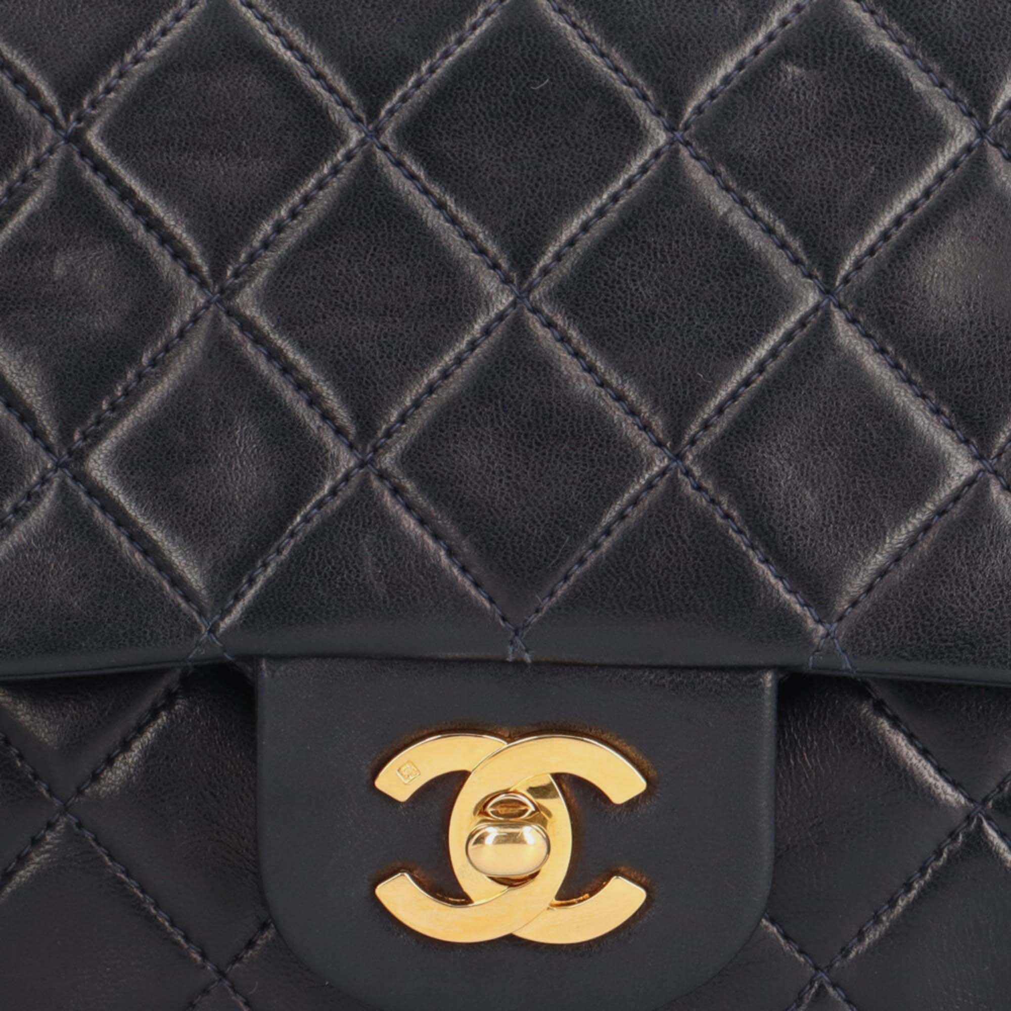 Chanel Black Lambskin Leather Medium Classic Double Flap Shoulder Bag 