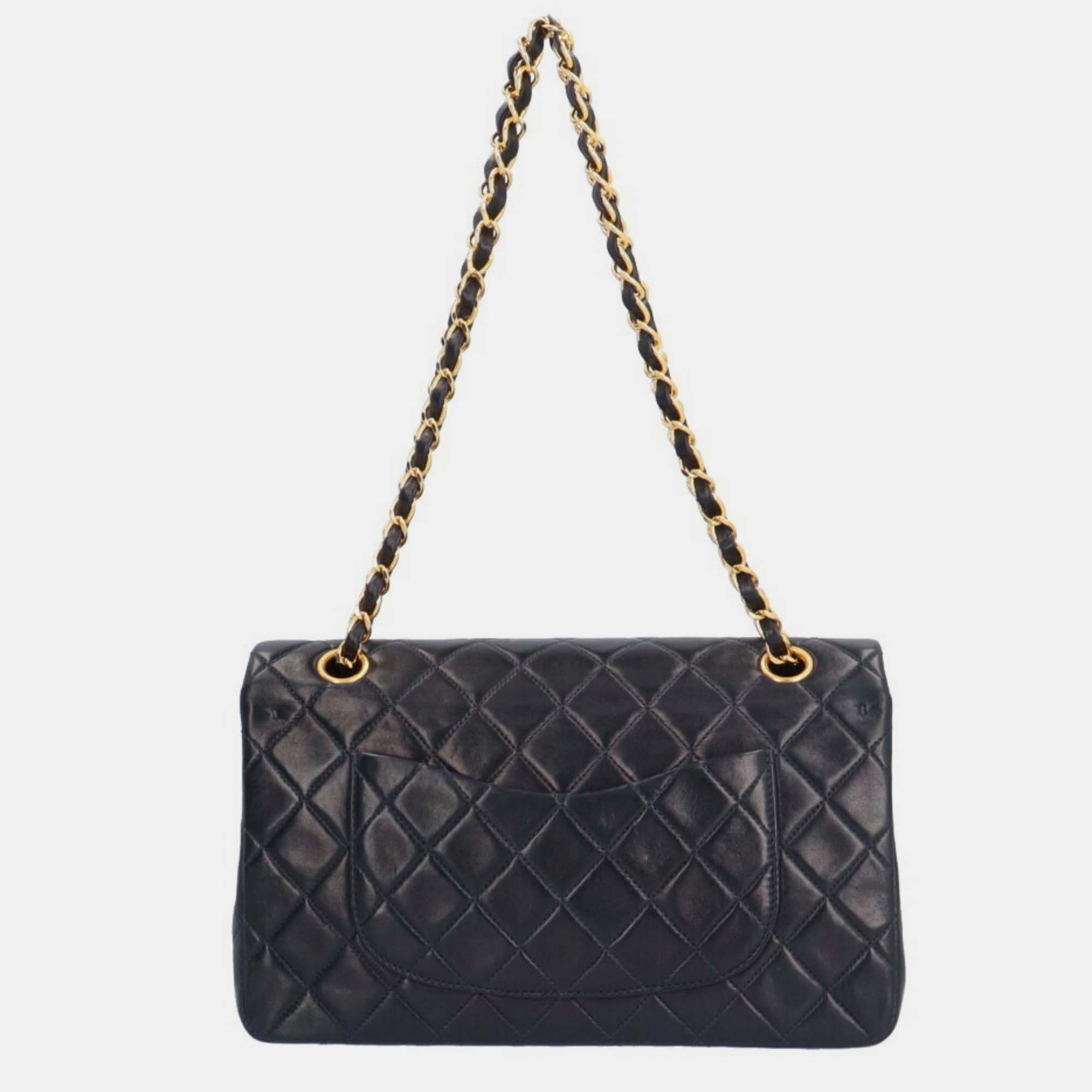 Chanel Black Lambskin Leather Medium Classic Double Flap Shoulder Bag 