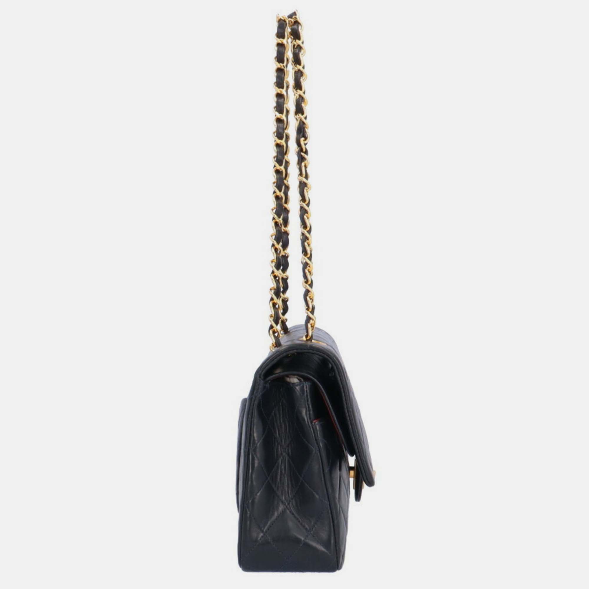 Chanel Black Lambskin Leather Medium Classic Double Flap Shoulder Bag 