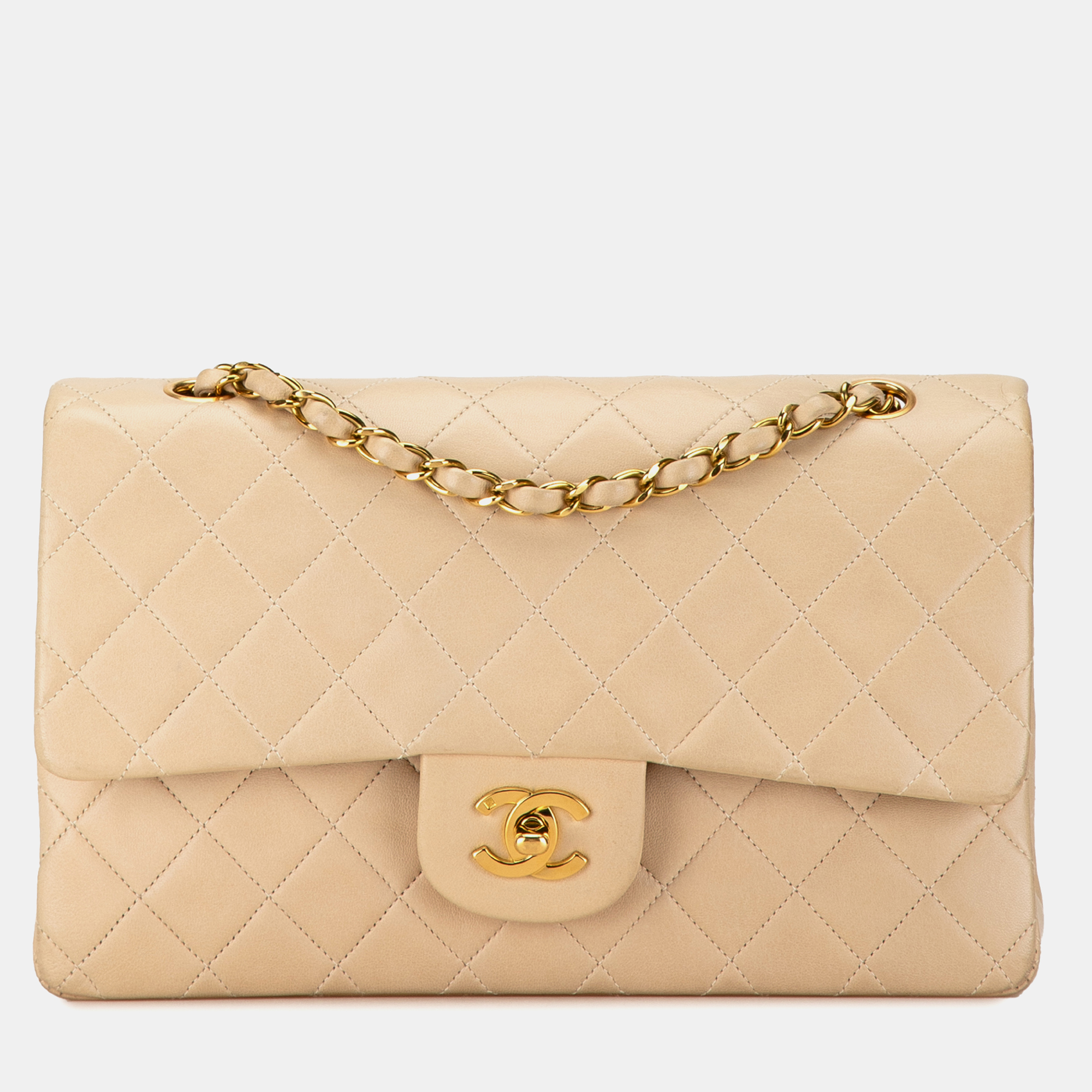 Pre-owned Chanel Medium Classic Lambskin Double Flap In Beige