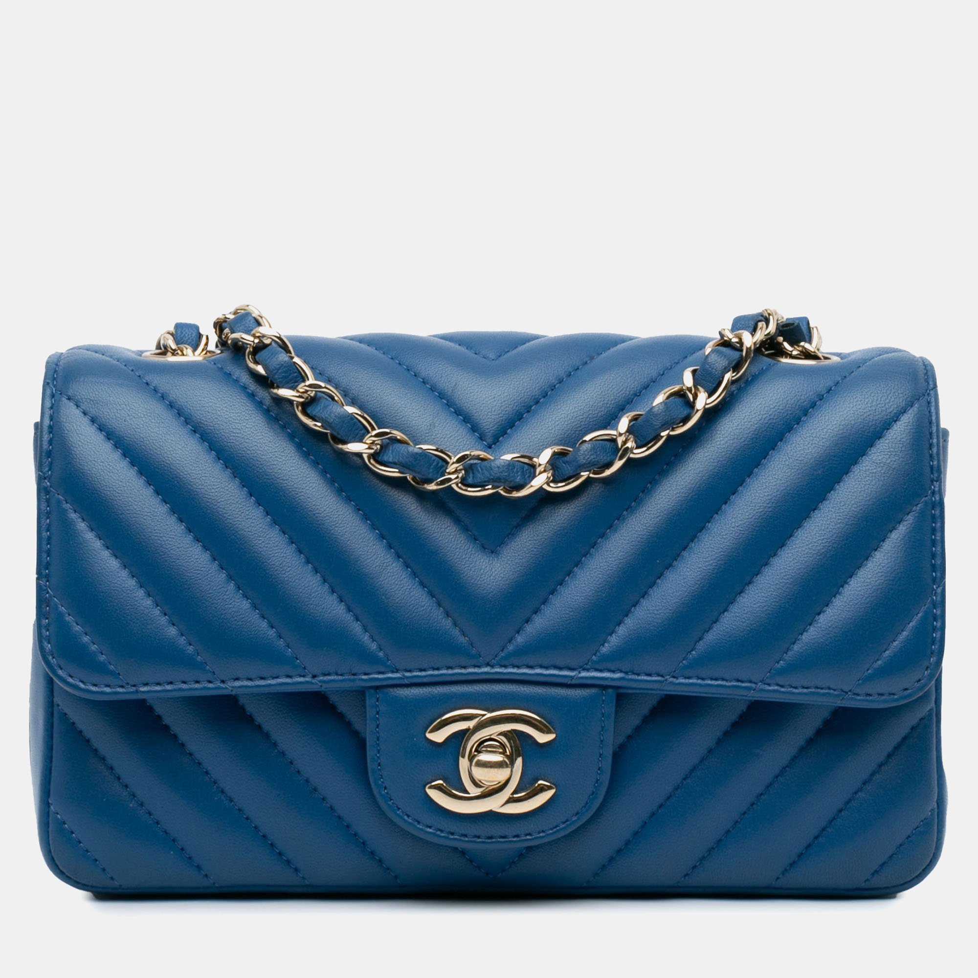 

Chanel Mini Rectangular Classic Chevron Lambskin Single Flap, Blue