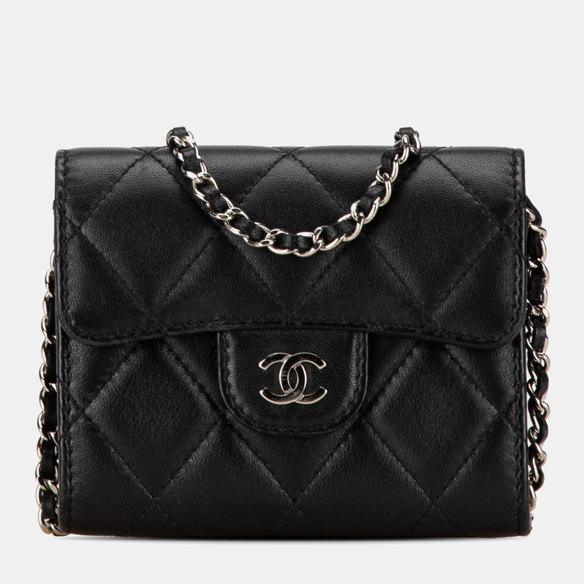 Pre-owned Chanel Mini Quilted Lambskin Clutch On Chain In Black