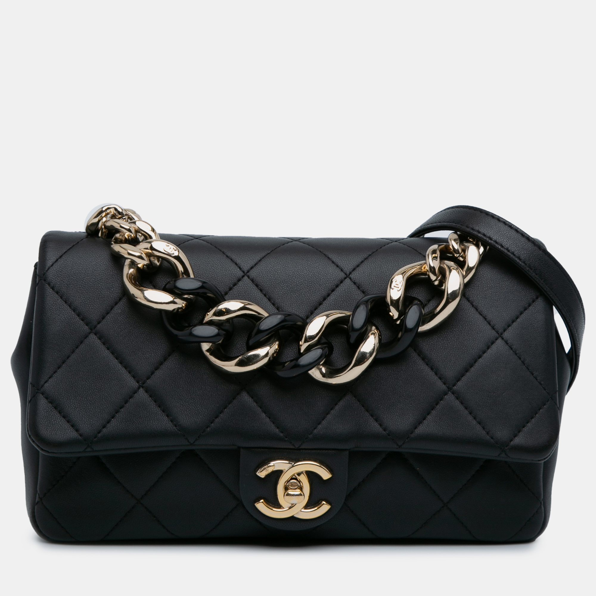 

Chanel Black Lambskin Leather Small Elegant Chain Single Flap Bag