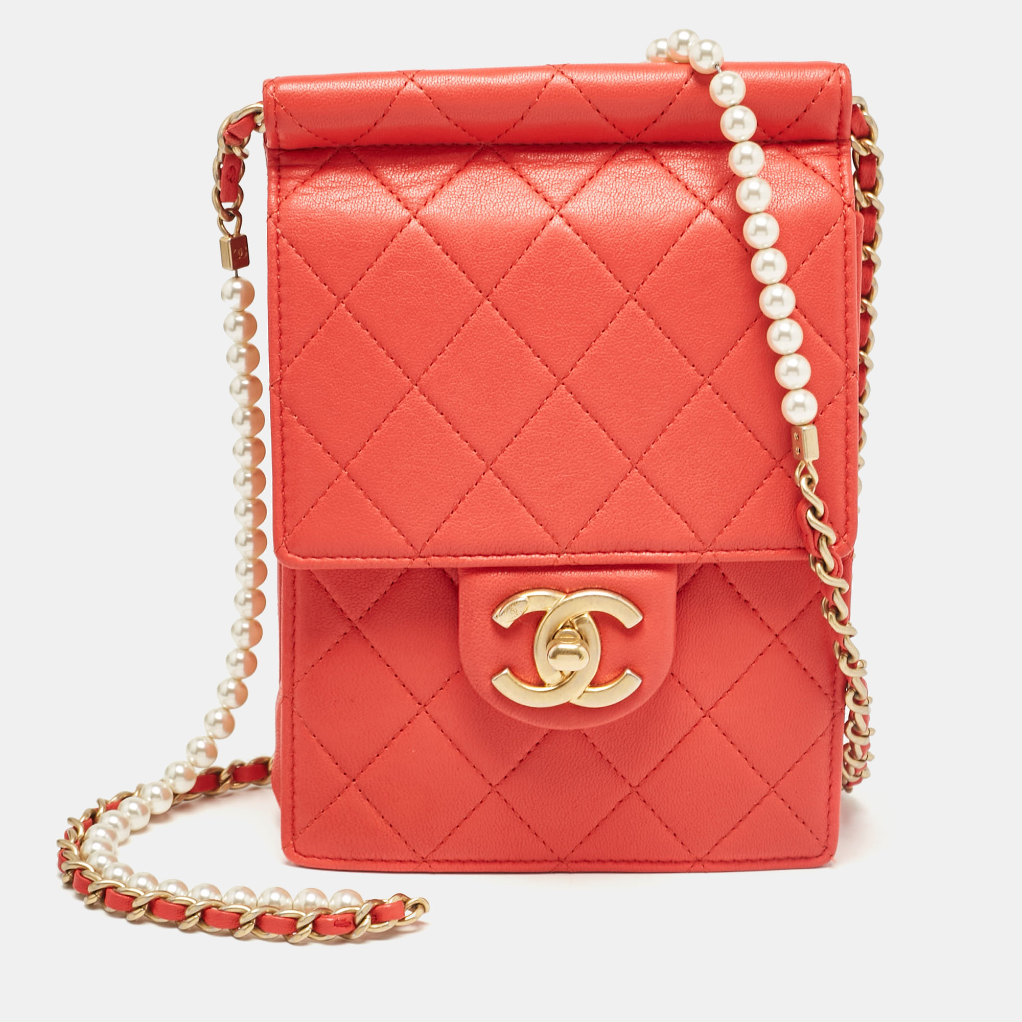 

Chanel Red Quilted Leather Vertical Pearl Chain Clutch