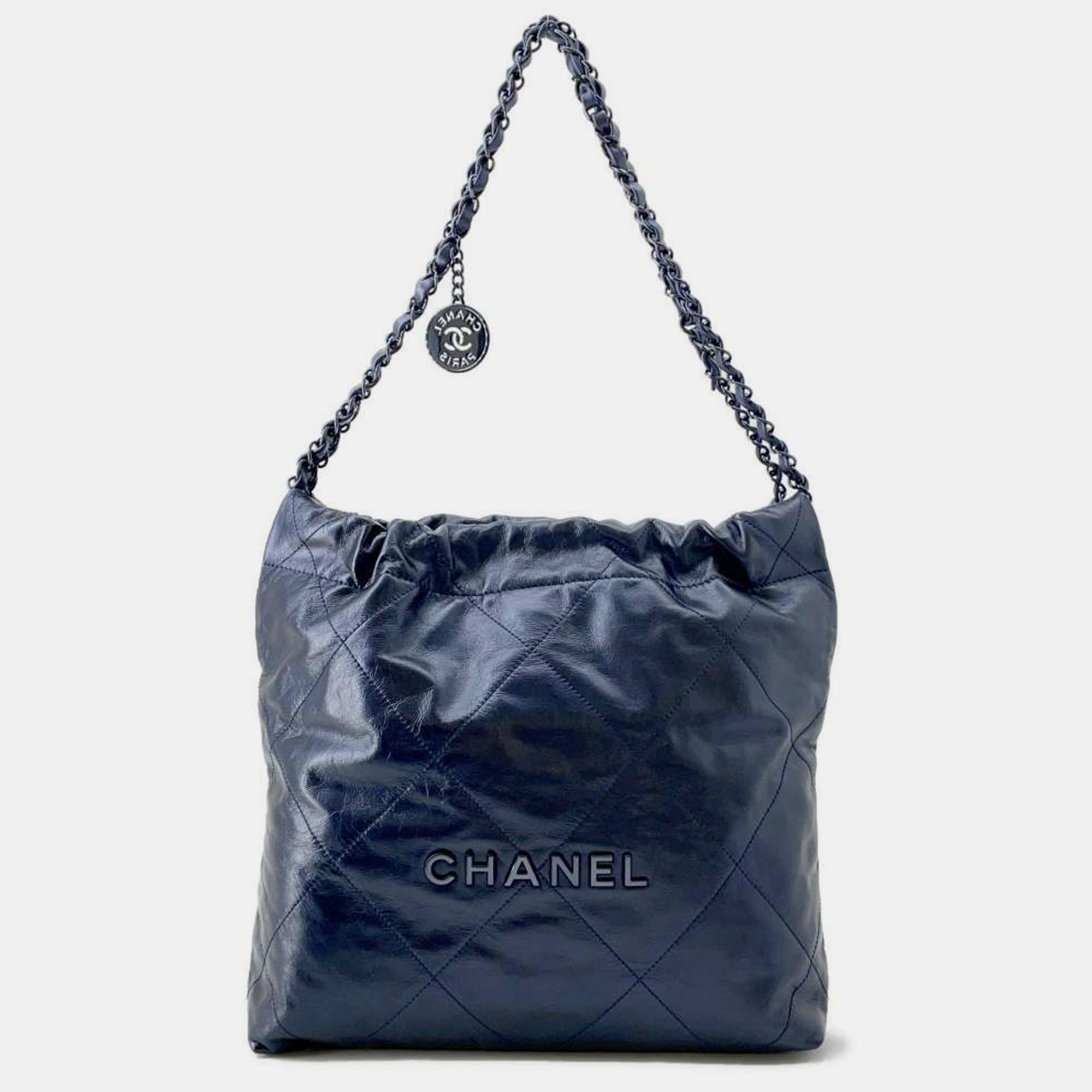 

Chanel Metalic Navy Shiny Calf Leather Chanel22 Chain Handbag Size Small, Navy blue