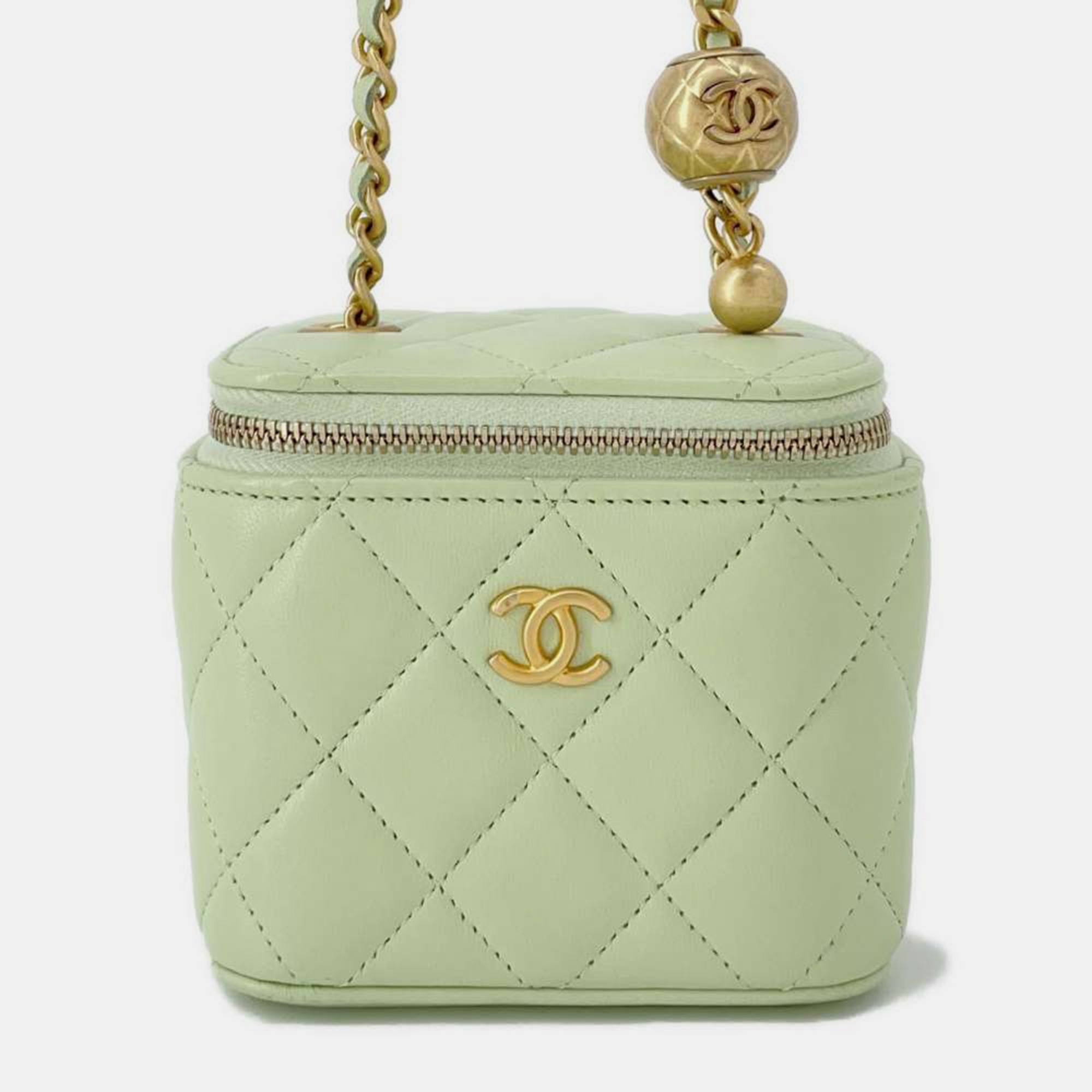 

Chanel Light Green Lambskin Matelasse Cocoball Chain Small Vanity Bag Size Small