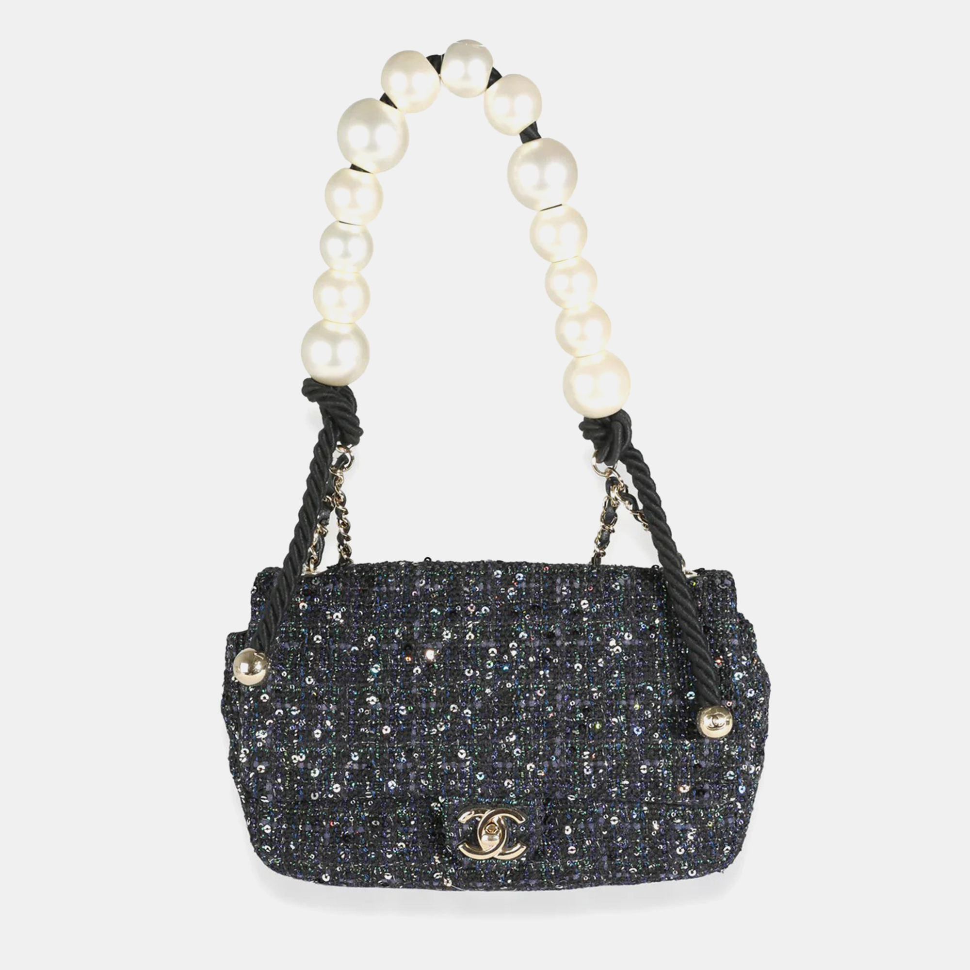 

Chanel Navy Tweed Sequin Medium Pearl Handle Flap Bag, Black