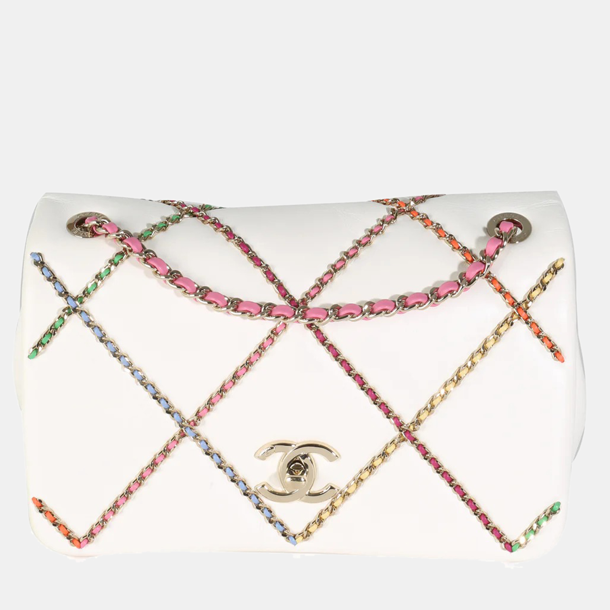 

Chanel White Lambskin Multicolor Chain Intertwined Small Flap Bag