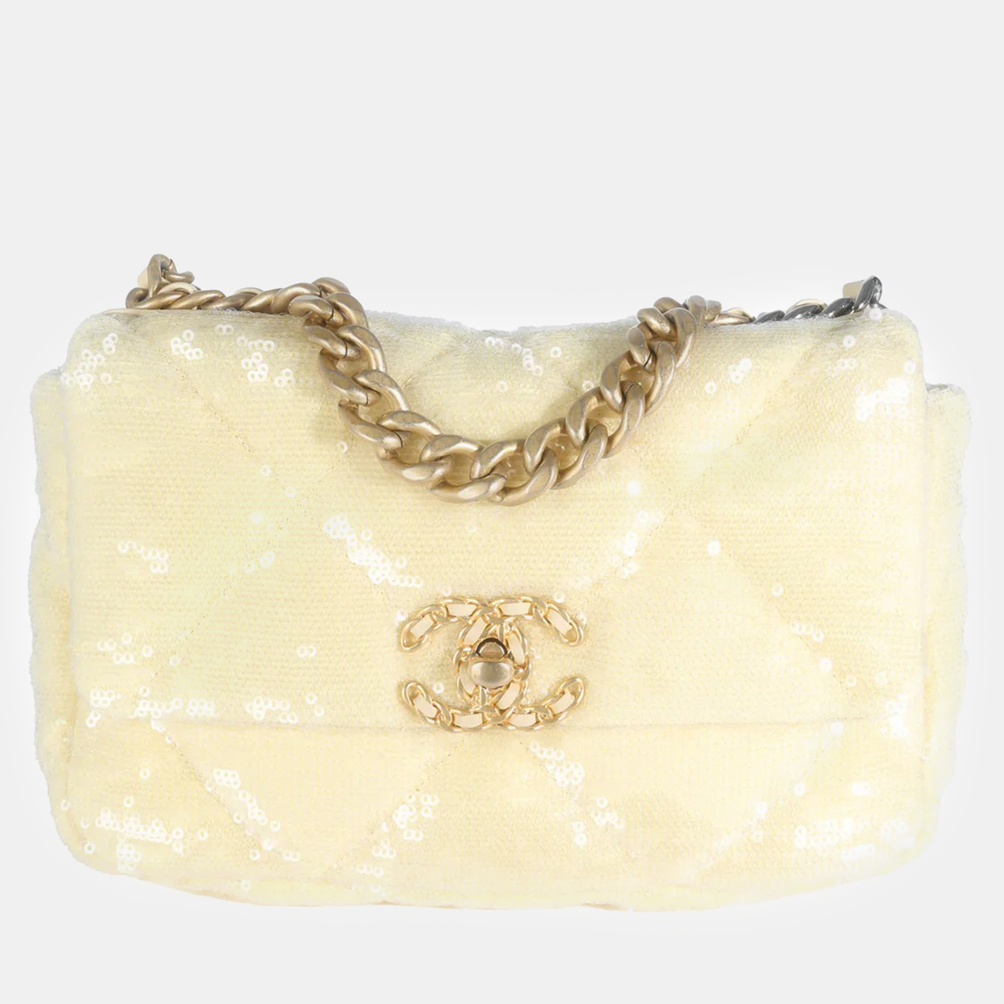 

Chanel Light Yellow Quilted Sequin Small Chanel 19 Flap Bag