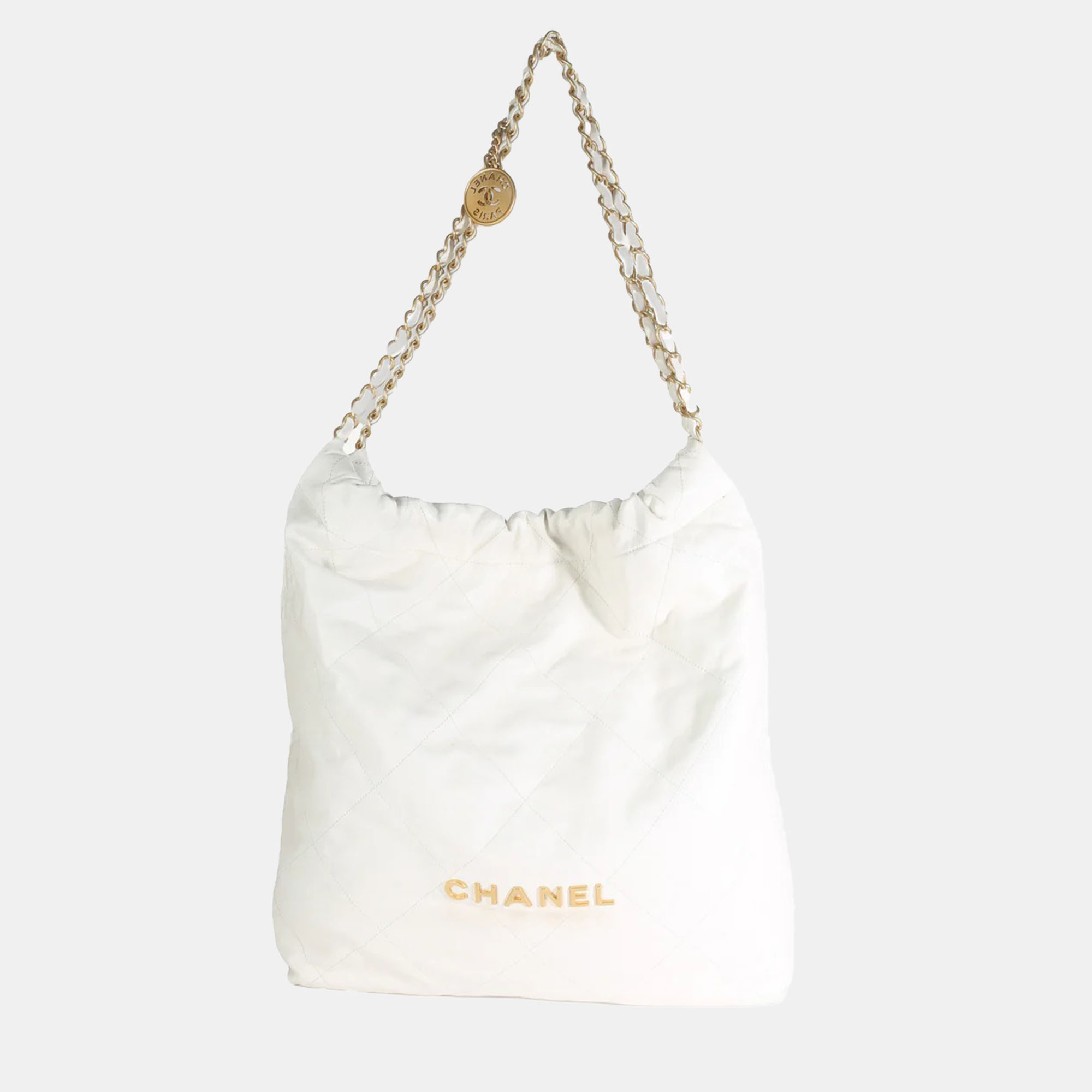 

Chanel White Shiny Quilted Calfskin Large Chanel 22 Hobo Bag