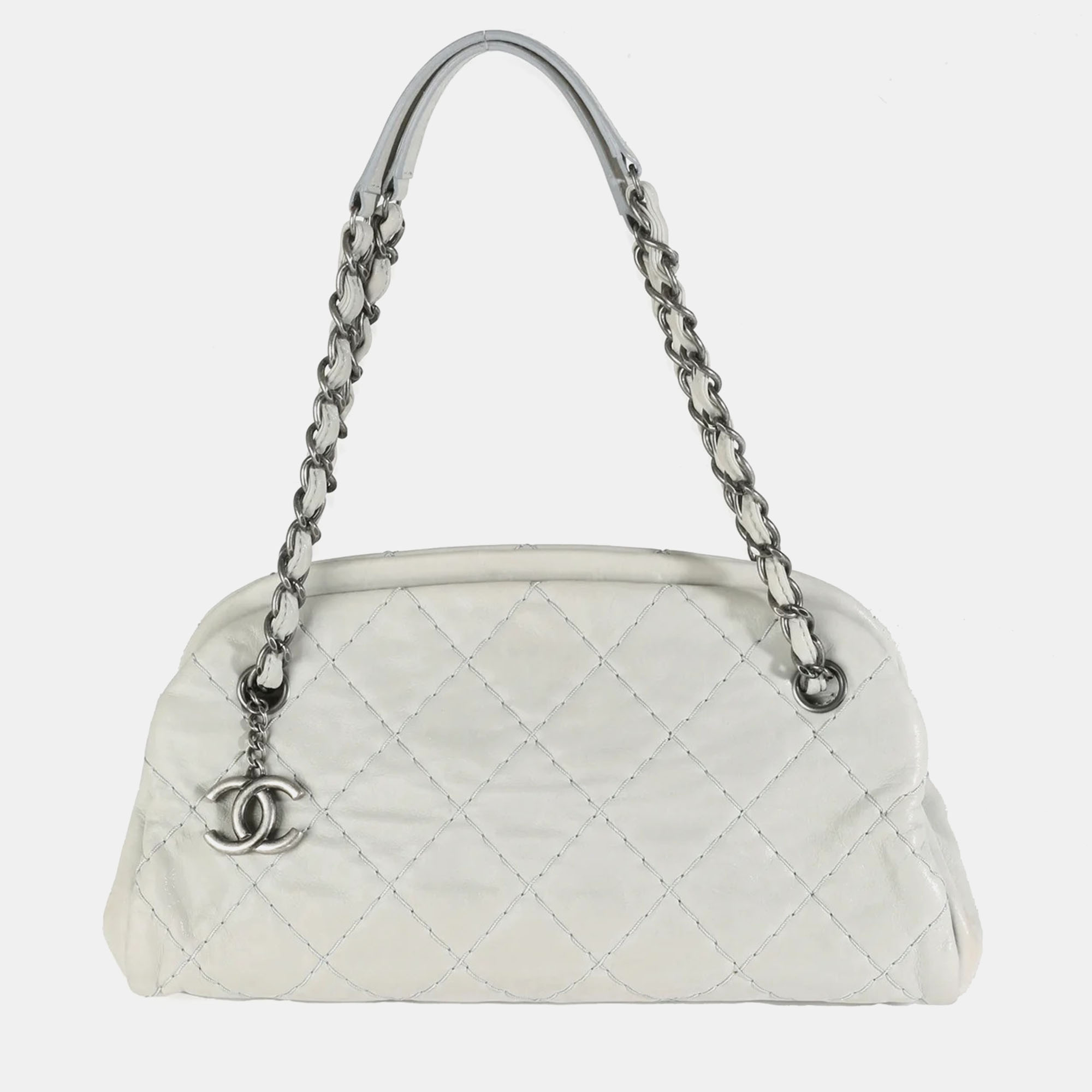 

Chanel 11P Silver Iridescent Calfskin Just Mademoiselle Bowling Bag, White