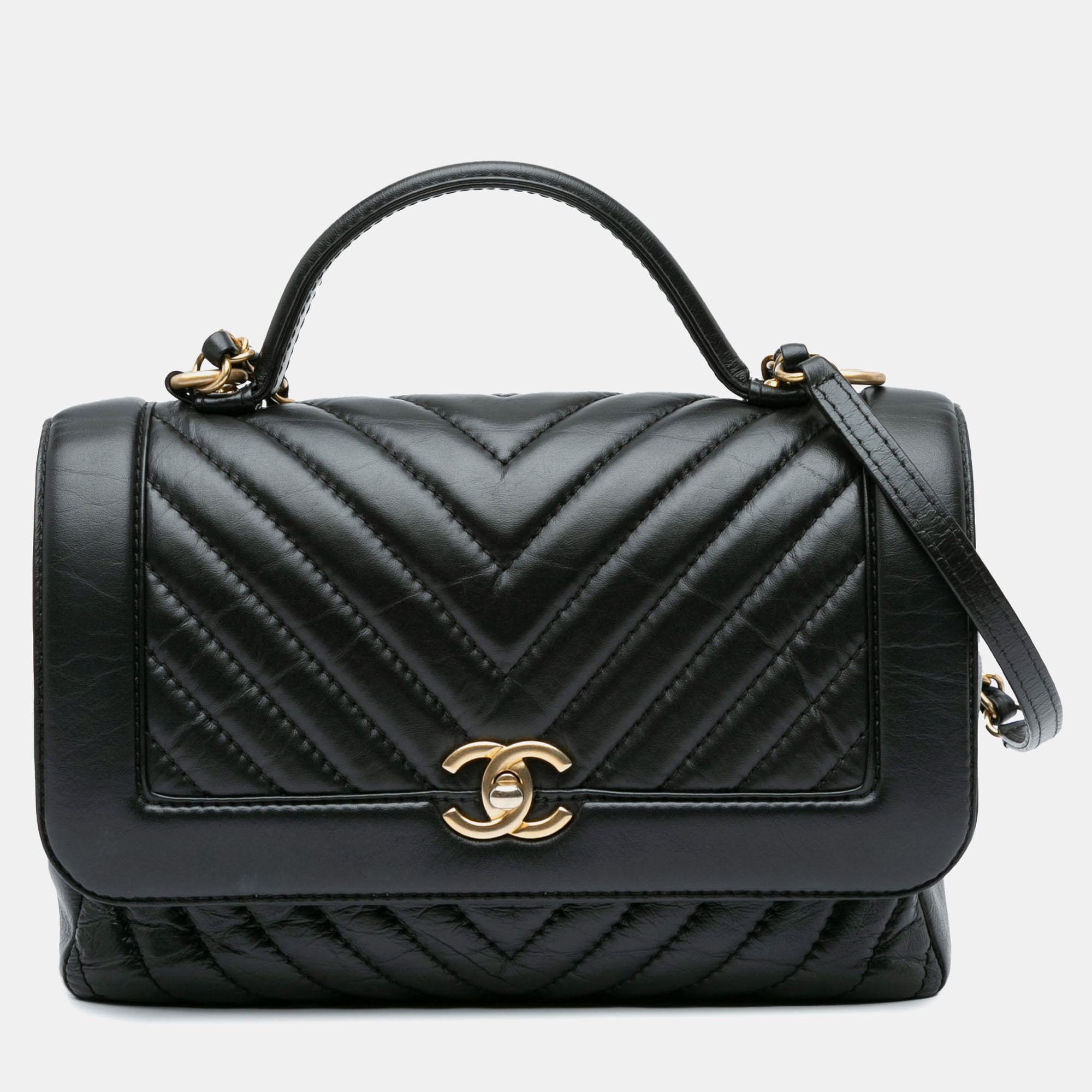 

Chanel CC Chevron Calfskin Top Handle Flap, Black