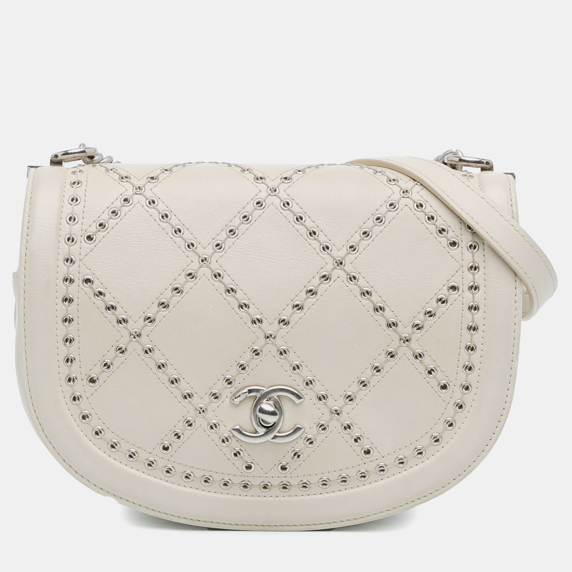 

Chanel Ivory Calfskin Leather Coco Eyelets Small Crossbody Bag, White